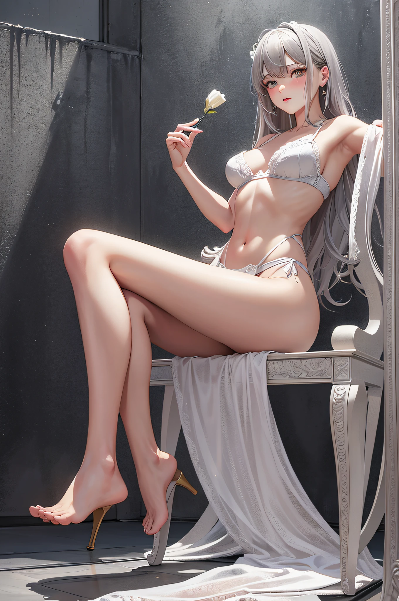 Excellent, masterpiece, girly, gray hair, foot fetish, blush, erotic lingerie, sitting with open legs