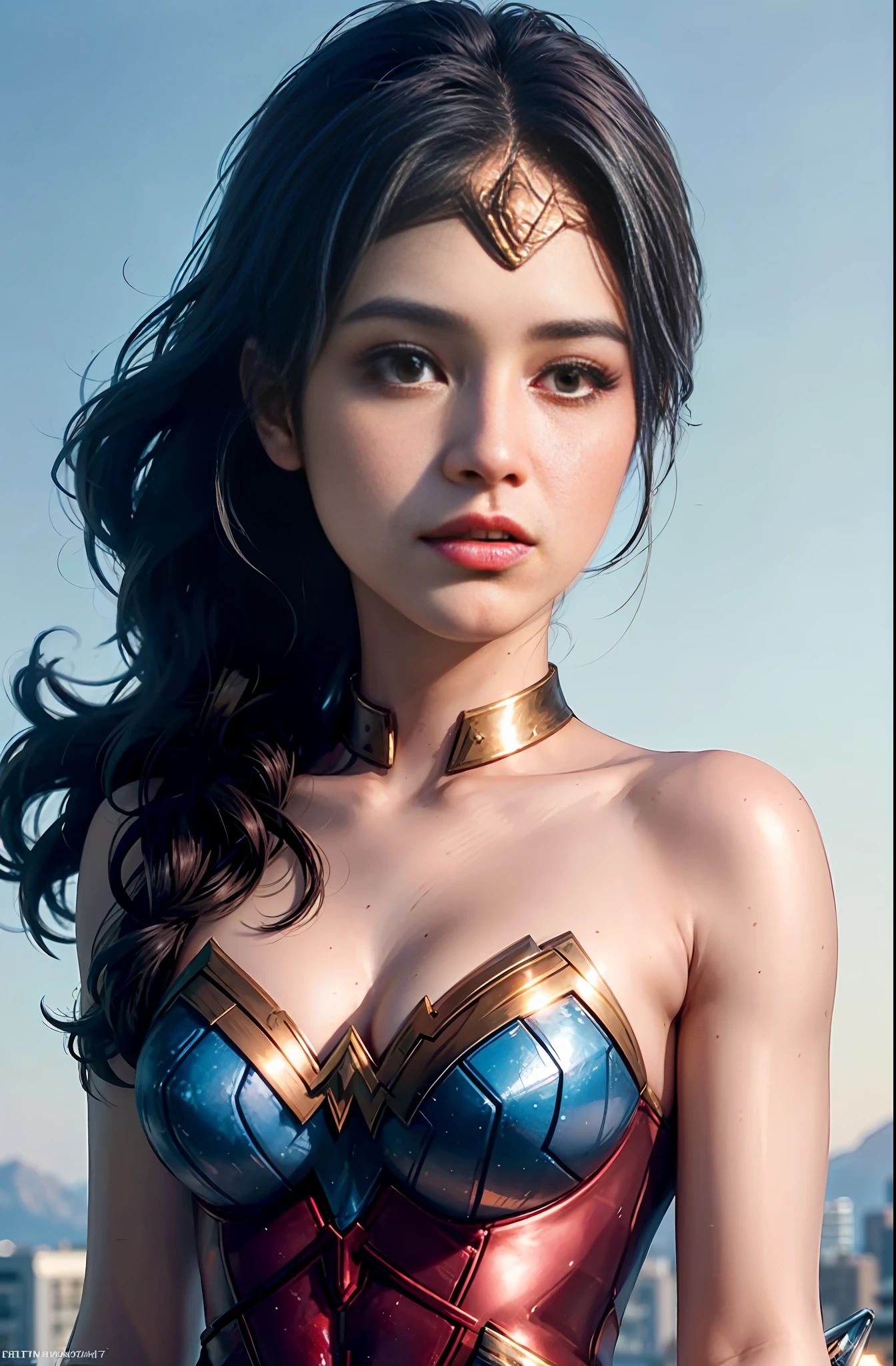 wearing wonder_woman_cosplay_outfit, in front of a sky, 
good hand,4k, high-res, masterpiece, best quality, head:1.3,((Hasselblad photography)), finely detailed skin, sharp focus, (cinematic lighting), night, soft lighting, dynamic angle, [:(detailed face:1.2):0.2], medium breasts, outside,