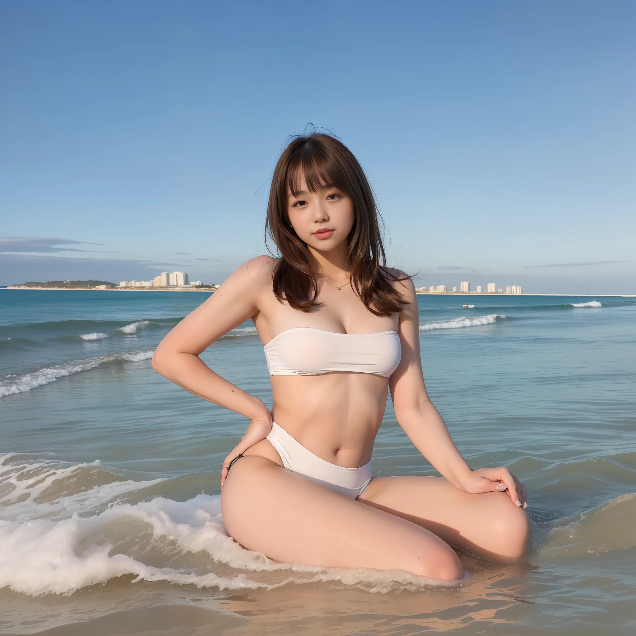 ((highest quality)),((super high quality))), beach in the evening, (((20-year-old cute college girl))),(short bob)),((breasts are small)),((wearing a tube-top swimsuit)),(high quality photo with full body))