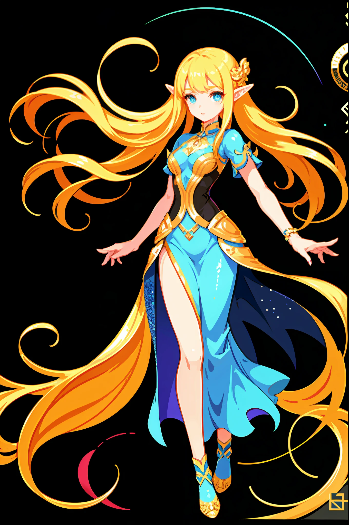 (highest quality, masterpiece), galaxy fantasy, brilliant flash, 1 girl, long skirt flowing, particle effects, hair swaying in the wind, flowers all over the body, simple and deep background, blonde elf-like woman, exquisite and gorgeous costume details.