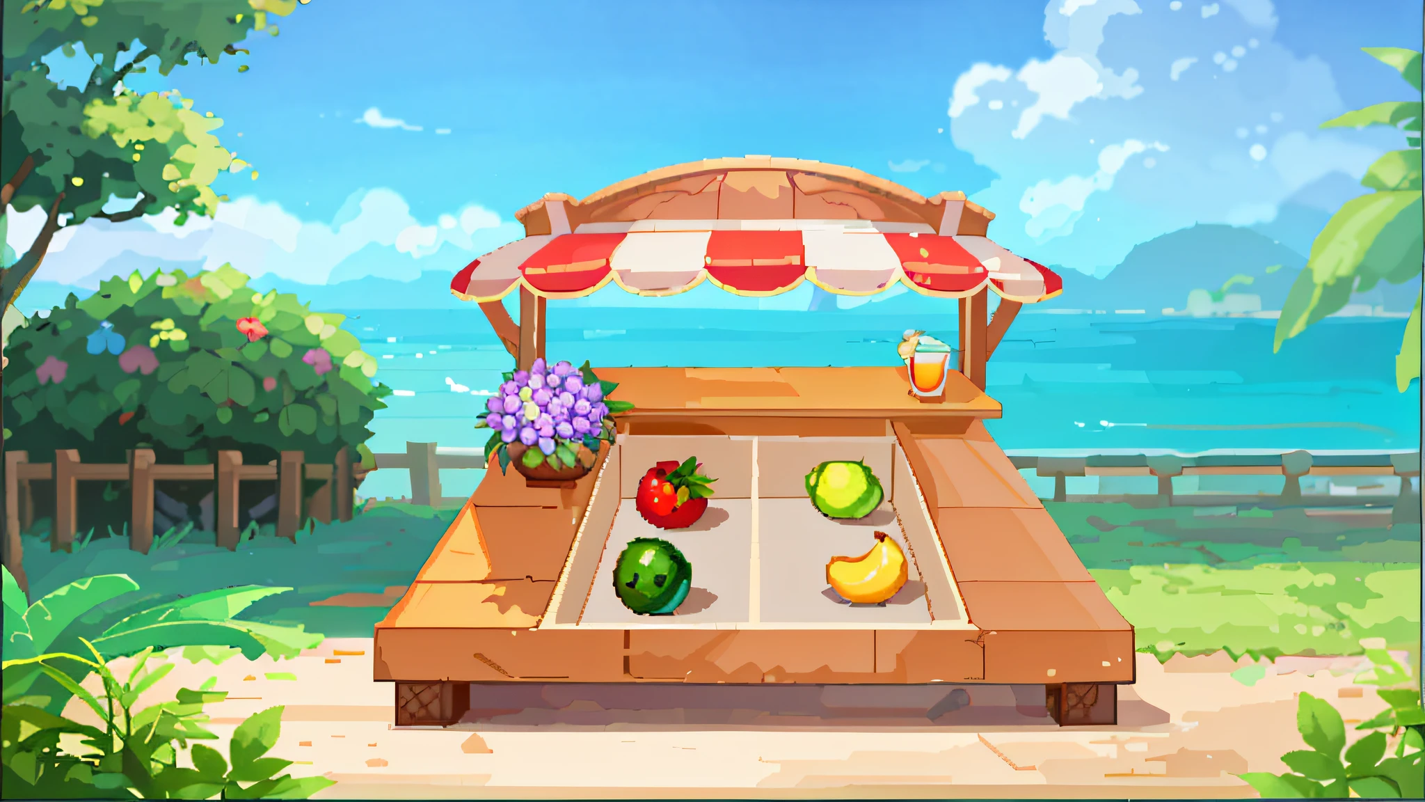 There is a table with fruit and umbrella, colorful fruit stand, fruit world, background art, market setting, stylized game art, mobile game art, background artwork, island background, mobile game background, stylized concept art, stylized art, colored market stall, beach bar, amazing background