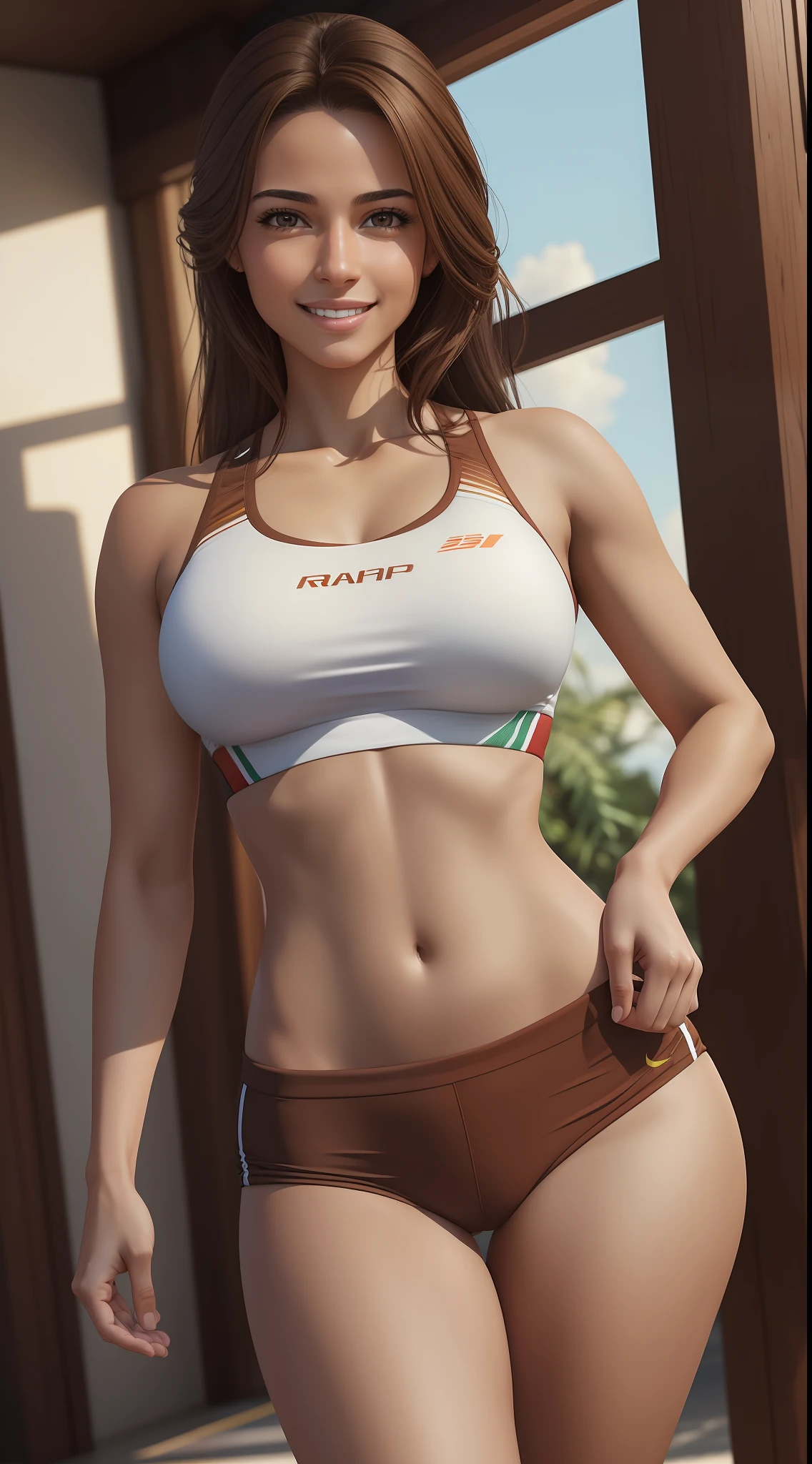 ((realistic: 1.5)),((best quality)), ((masterpiece)),((detailed)), Photo raw, 8k, hdr, a Brazilian woman, brown eyes, brown hair, slim fit body, small breasts, runner clothes, white skin, beautiful smile