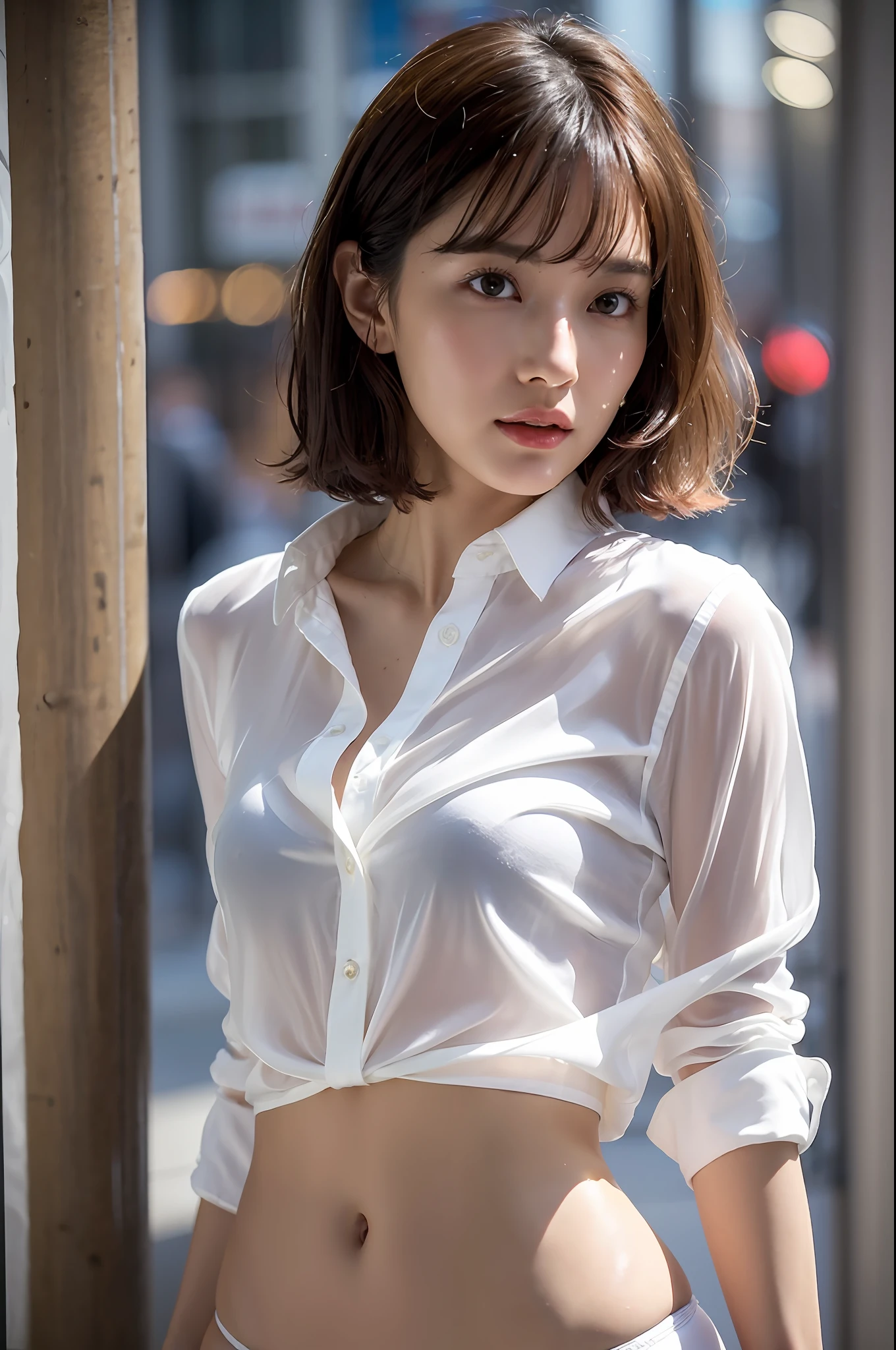 28-year-old woman wearing a white silk shirt with extremely thin fabric, her shirt is wet, her miniskirt is stuck to her body, her whole body is wet in the city in heavy rain, her hair is short, (layer cut: 1.9), (16K), (top quality: 1.2), (realistic), (photorealistic: 1.37), ultra detailed, professional lighting, (no bra), (no panty), elegant pose,