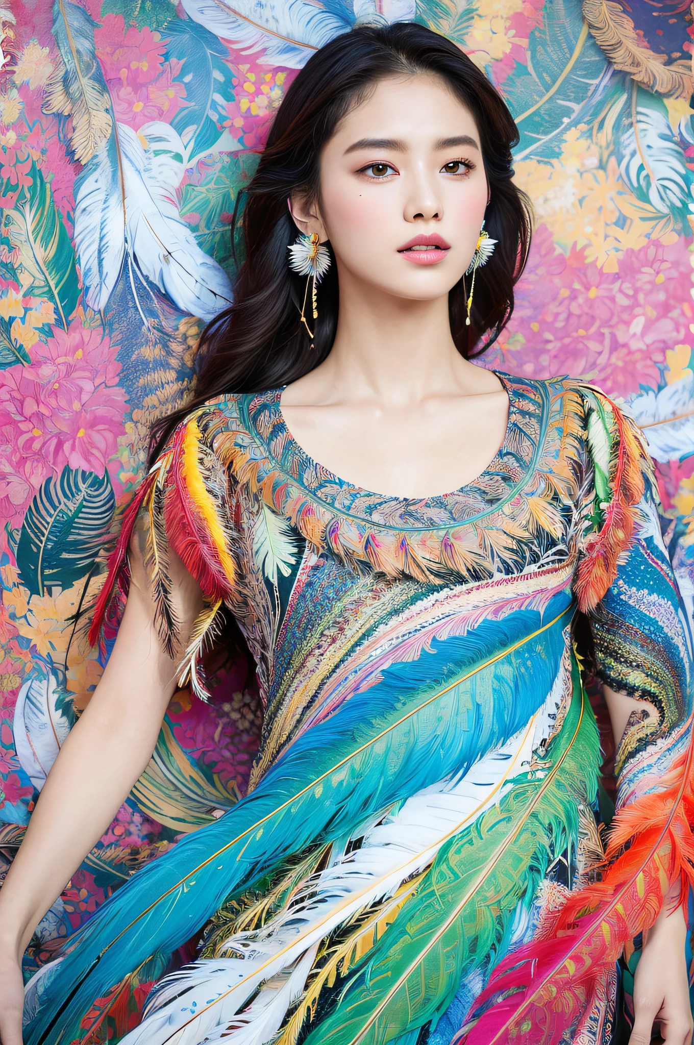(masterpiece, top quality, best quality, official art, beautiful and aesthetic:1.2), (1girl:1.3), extremely detailed,(fractal art:1.1),(colorful:1.1)(flowers:1.3),highest detailed,(zentangle:1.2), full body, (abstract background:1.3), (shiny skin), (many colors:1.4), ,(earrings), (feathers:1.5),