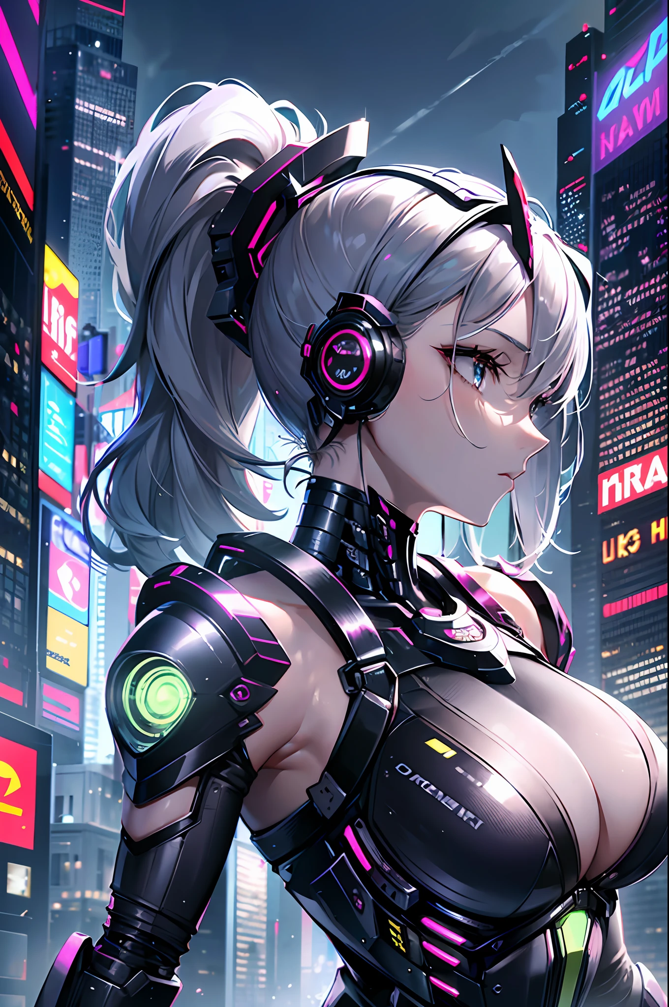 Top quality, masterpiece, super detailed, very delicate 8k wallpaper, dramatic lighting, beautiful face, golden eyes, gray ponytail, (sharp-angled headgear on both sides of the head: 1.2), (mechanical giant halo: 1.3), (exoskeleton suit), mechanical joints, mechanical limbs, (perfect five fingers: 1.1), (bare shoulders, bare armpits), attractive, big breasts, thin waist, big ass, cyberpunk, Neon glowing city,
