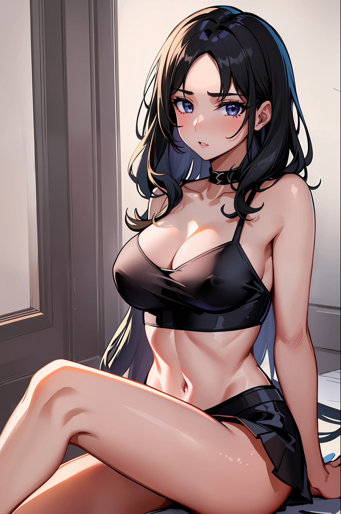 ((Top Quality, 8k, Masterpiece: 1.3)), Beauty, Hide Face, 1 Girl, Beautiful: 1.3, Slender Abs: 1.1, Camisole, Cleavage, Black Hair Long, (While Sitting on the Bed), Ultra Detailed Face, Highly Detailed Lips, Detailed Eyes, Double Eyelids