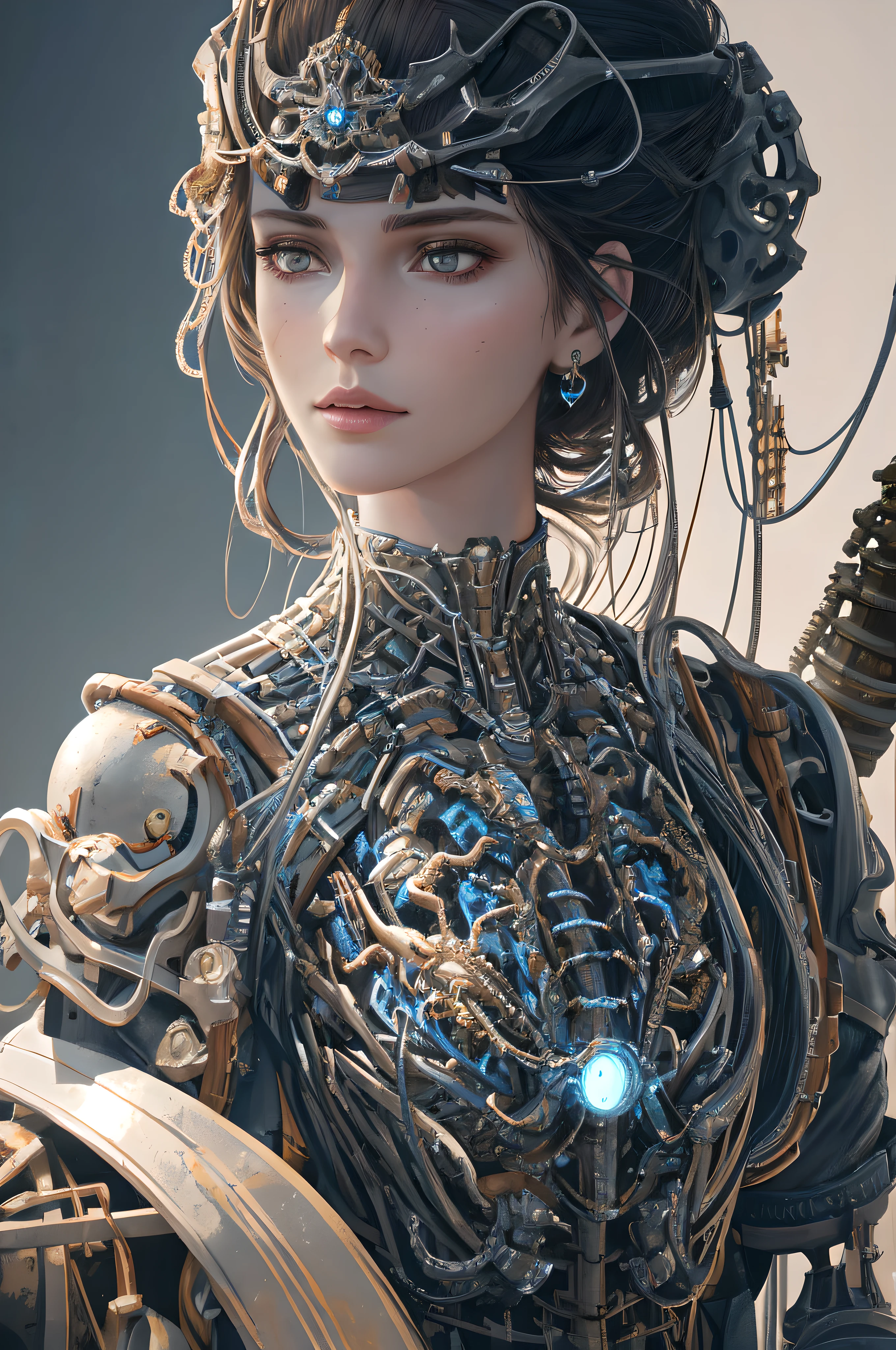 1mechanical girl,((ultra realistic details)), portrait, global illumination, shadows, octane render, 8k, ultra sharp,metal,intricate, ornaments detailed, cold colors, egypician detail, highly intricate details, realistic light, trending on cgsociety, glowing eyes, facing camera, neon details, machanical limbs,blood vessels connected to tubes,mechanical vertebra attaching to back,mechanical cervial attaching to neck,sitting,wires and cables connecting to head