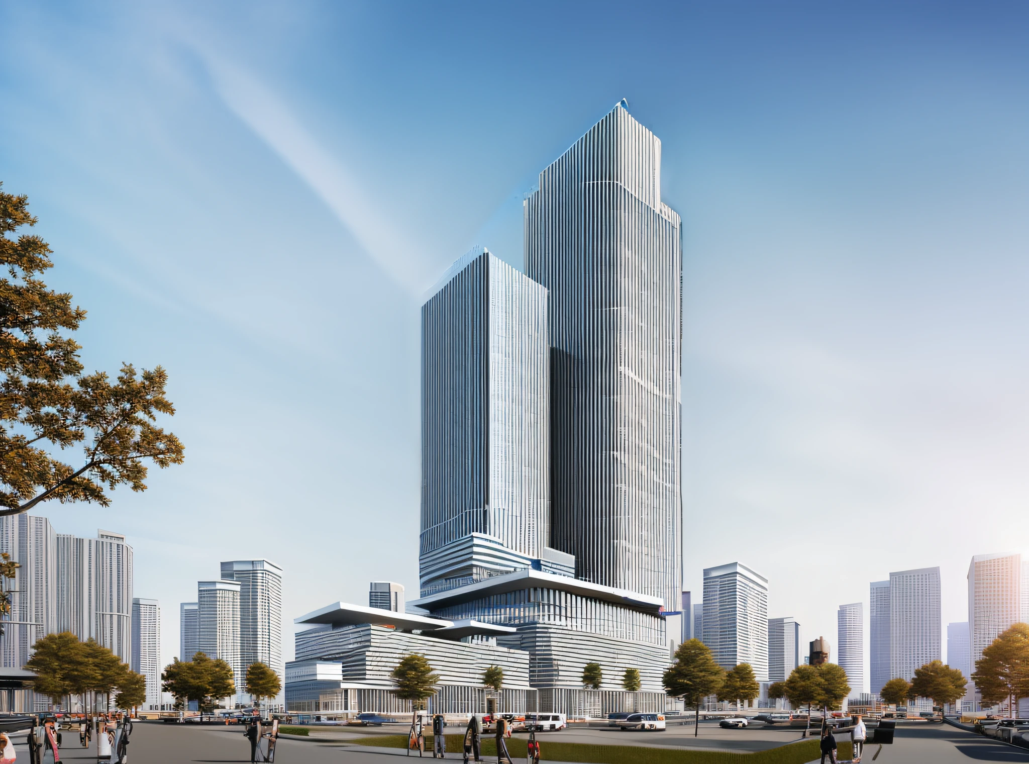 Tower, split-level, metal curtain wall, protruding eaves, roof greening, sunny day, high-rise office rendering, non-large area glass curtain wall rendering, people view, architectural rendering, wide angle appearance 2022, realistic and realistic images, CG rendering, high quality rendering