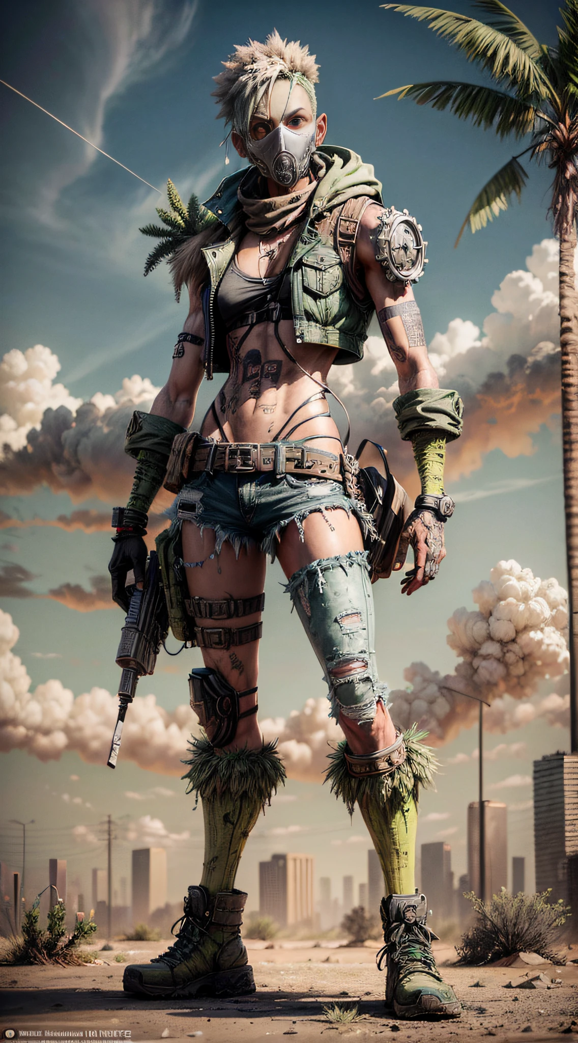 A weathered Wasteland Punk navigating through a hazardous radioactive wasteland, with toxic green skies, mutated vegetation, and decaying ruins stretching into the distance, evoking a sense of danger and uncertainty, Sculpture, using mixed media materials such as metal, wire, and salvaged objects to create a three-dimensional representation of the character,