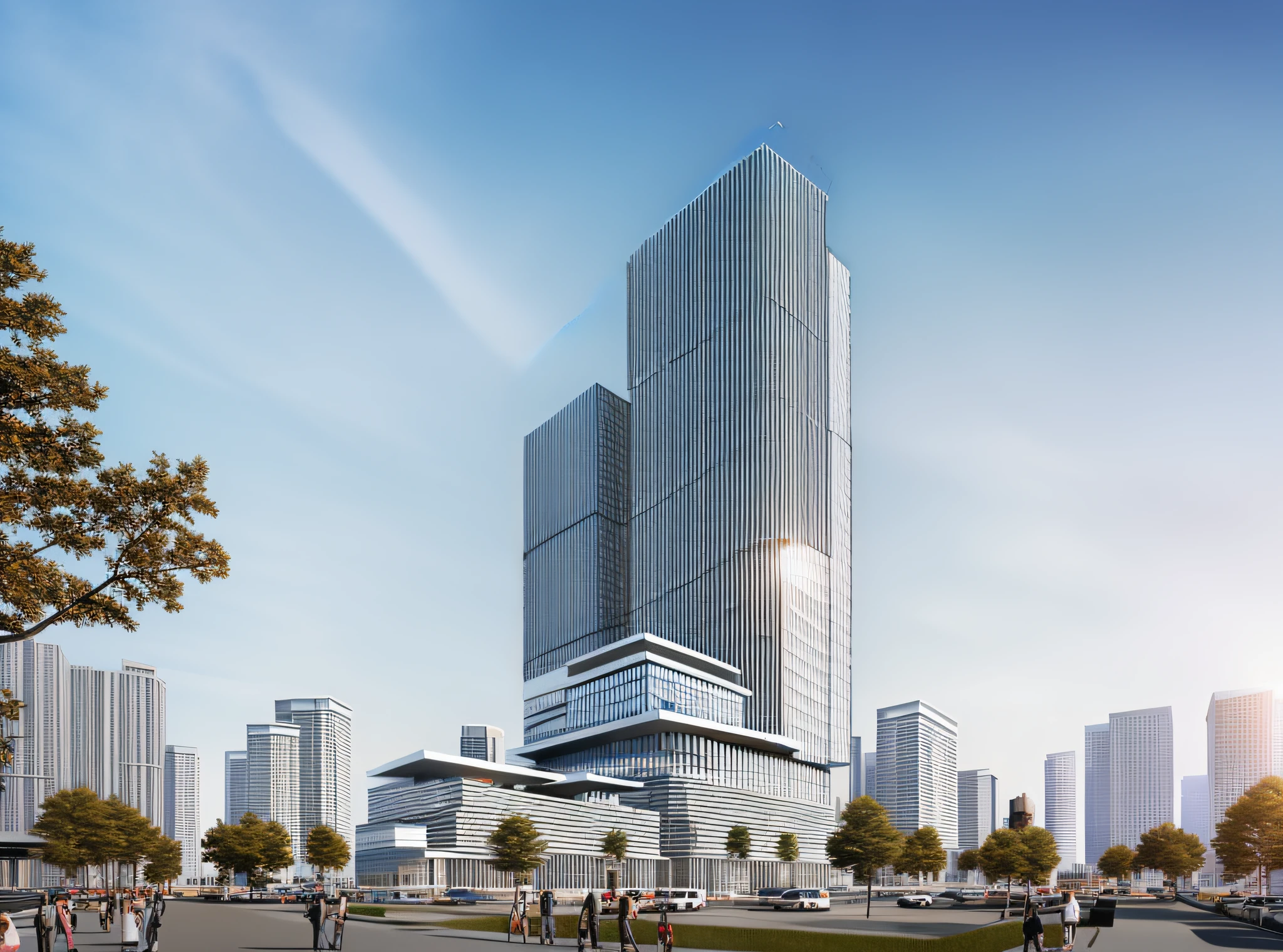 Tower, split-level, metal curtain wall, protruding eaves, roof greening, sunny day, high-rise office rendering, non-large area glass curtain wall rendering, people view, architectural rendering, wide angle appearance 2022, realistic and realistic images, CG rendering, high quality rendering