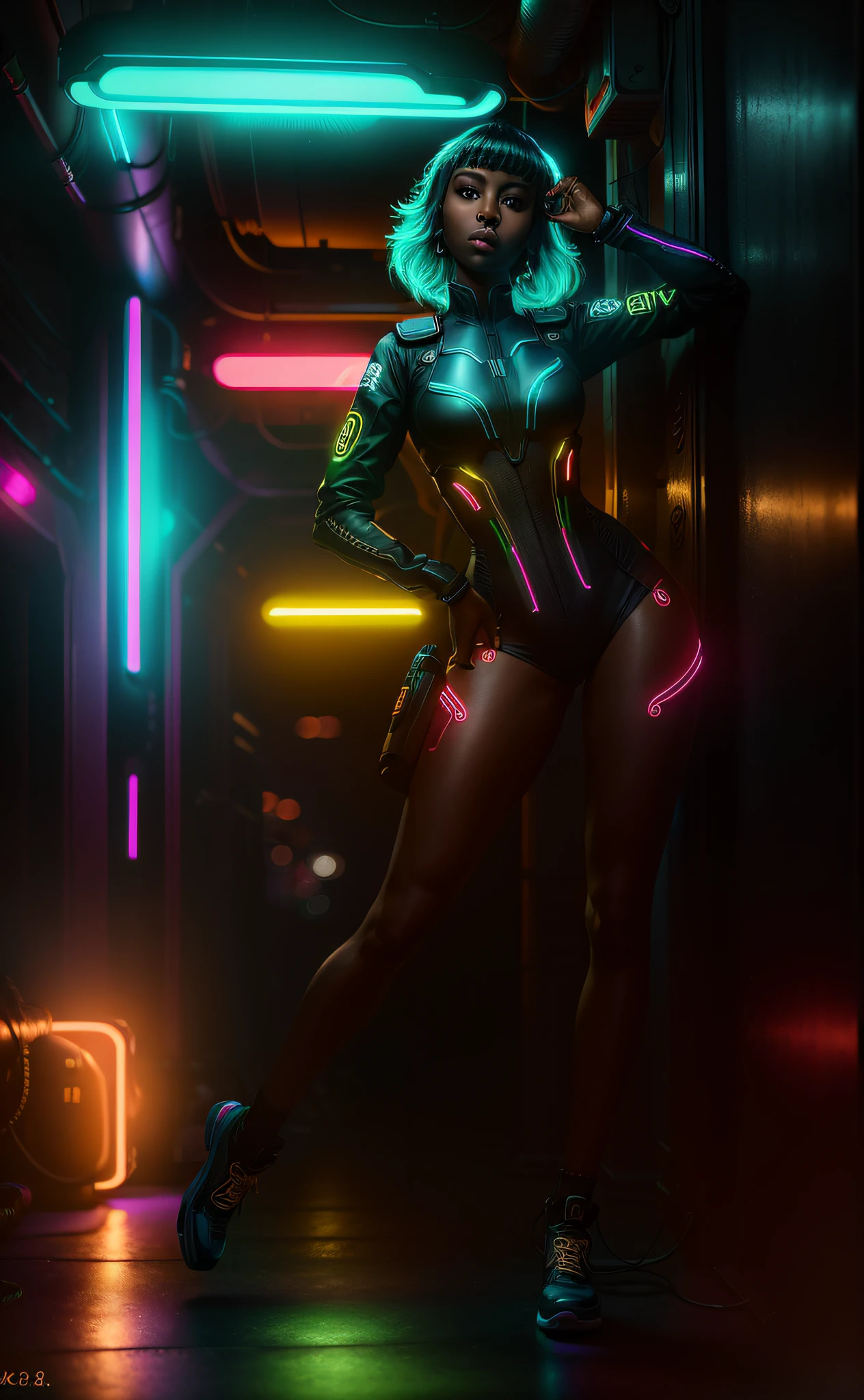 (intricate details) (detailed) (simple background) (8k, 4k, best quality, highres:1.2), (maasterpiece, realistic, photo realistic:1.37), 1girl, solo, beautiful face, eyelashes, nose, glossy lips, (detailed eyes, looking at viewer, dark skin:1.5), dynamic pose, fine complexion, upper body, (suit, tuxedo only) (no pants) (fullbody:1,8) (studio, neon lights) (wide shot:1) (artstation)