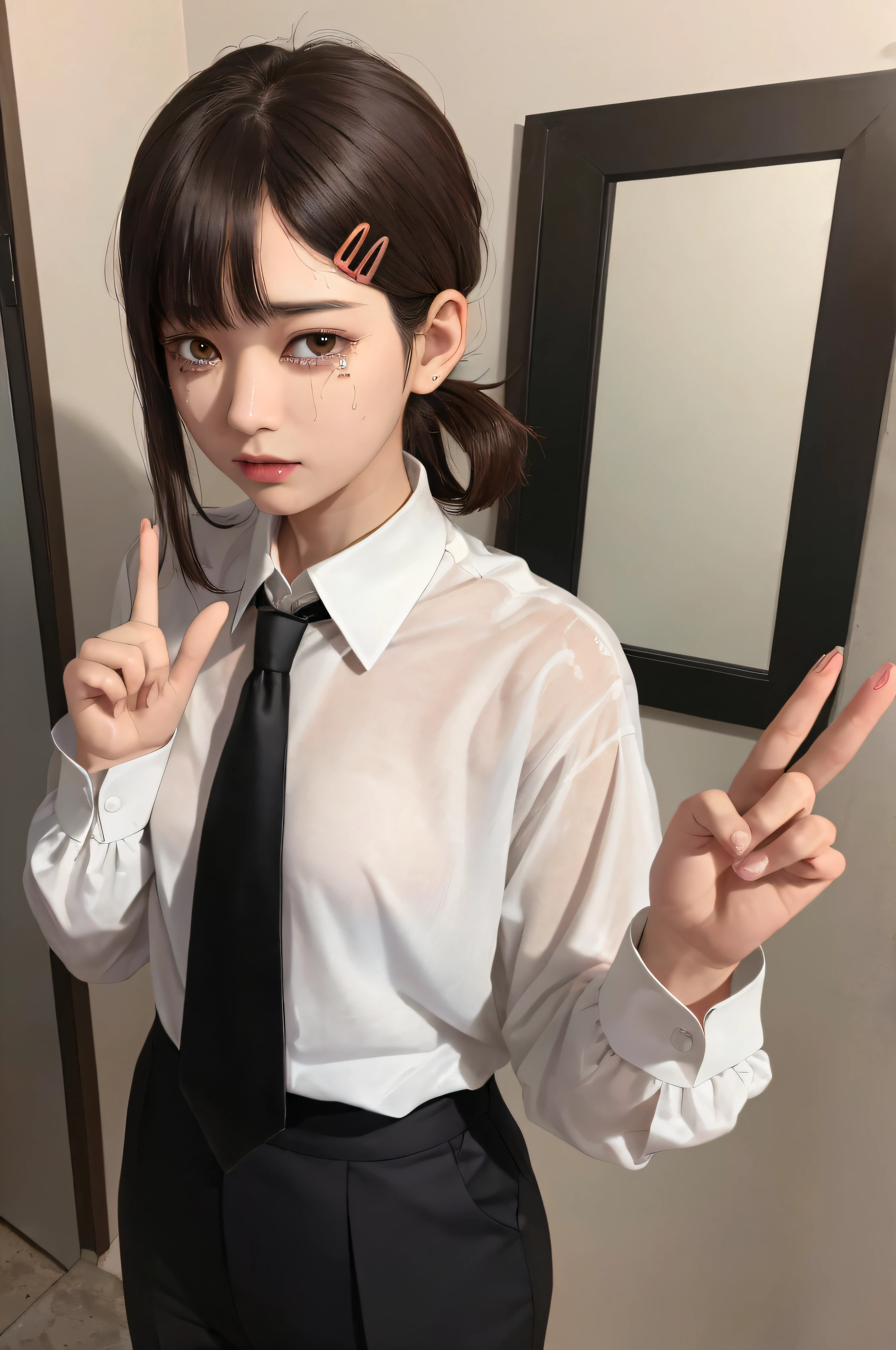 (SFW), (Masterpiece: 1.2), Best Quality, Masterpiece, High Resolution, Original, Highly Detailed Wallpaper, (Super Detail), (Best Illustration), (Best Shadow), (Kobeni), Small, Perky Breasts, (White Collar Shirt), Black Pants, (Blood Stain: 1.1), (Horrible: 1.2), (Black Tie), (Shirt Stain), (Dirty), One Girl, Watching the Viewer, ( Scary: 1.2), (tears: 1.1), (brown eyes), (peace sign), 18 years old