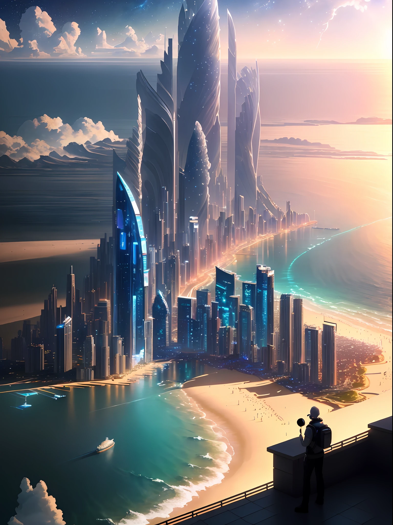 Masterpiece, best quality, (very detailed CG unified 8k wallpaper), (best quality), (best illustration), (best shadow), two-point perspective, city floating in the air, cyberpunk, sea, waves, brilliant starry sky, milky way, stars, sunset, sandy beach, mountains in the distance