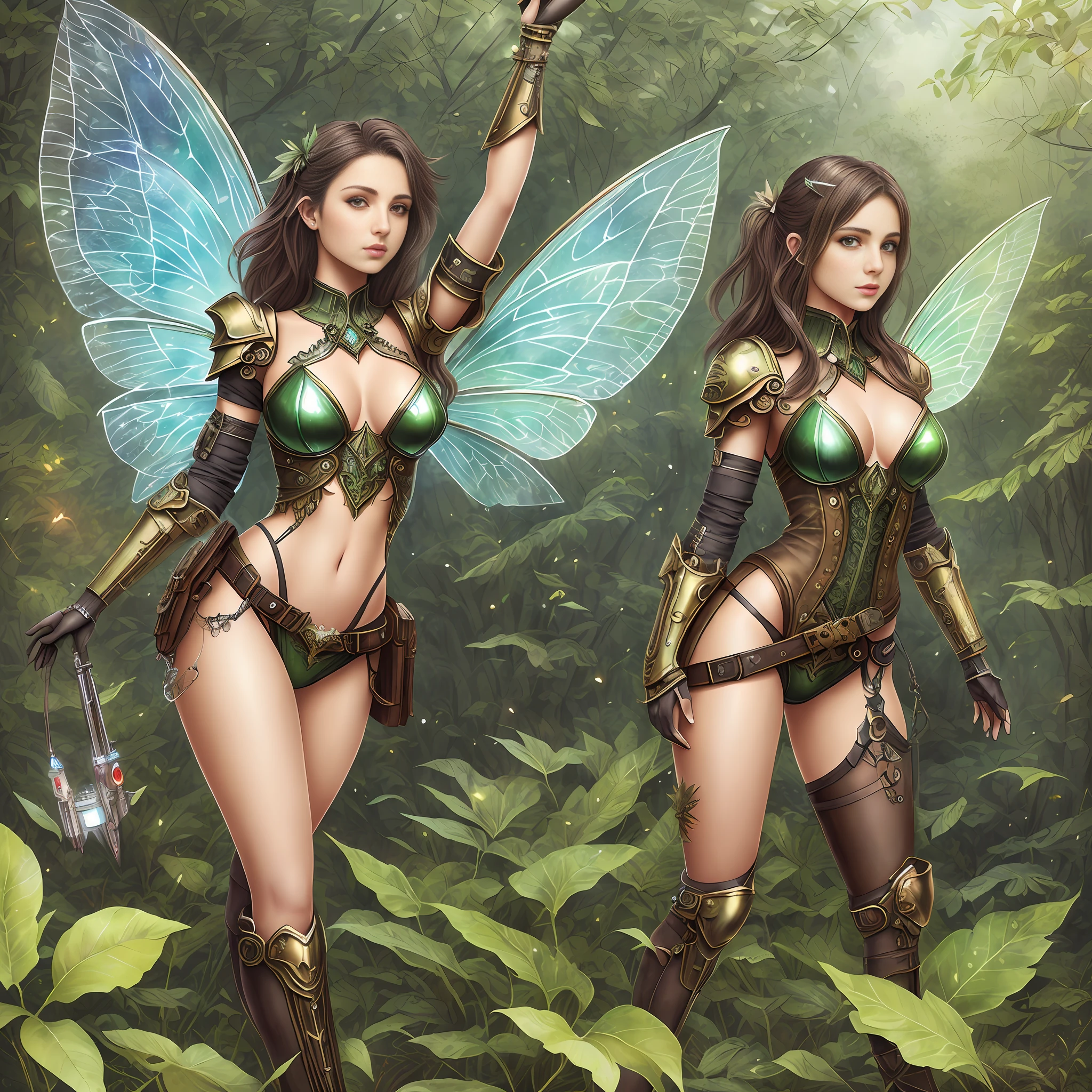 ((a fantasy fairy with a mechanical arm wearing alternate costume of torn green leaf)), translucent, shy and seductive wings, full body, natural pose, art by Luis Royo, freedom, digital illustration, (steampunk style), perfect anatomy, symmetrical face, well-formed eyes, beautiful face, goblin ears, well-defined hips, with a belt with several pockets, centered, approaching perfection, dynamic, highly detailed, watercolor painting, art station, concept art, soft and sharp focus, illustration, unique, award-winning, masterpiece, ((transparent clothing))