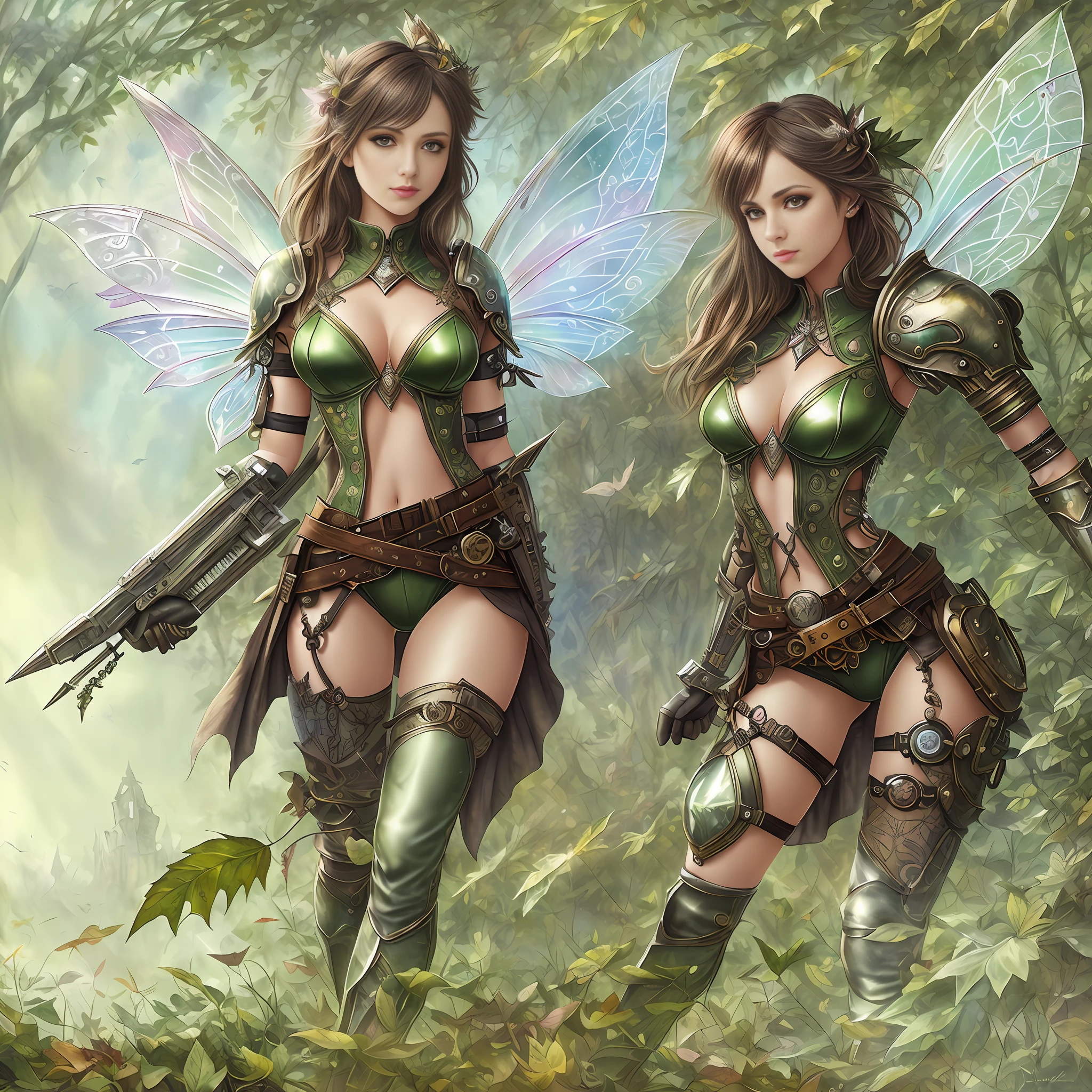 ((a fantasy fairy with a mechanical arm wearing alternate costume of torn green leaf)), translucent, shy and seductive wings, full body, natural pose, art by Luis Royo, freedom, digital illustration, (steampunk style), perfect anatomy, symmetrical face, well-formed eyes, beautiful face, goblin ears, well-defined hips, with a belt with several pockets, centered, approaching perfection,  dynamic, highly detailed, watercolor painting, art station, concept art, soft and sharp focus, illustration, unique, award-winning, masterpiece, ((transparent clothing))