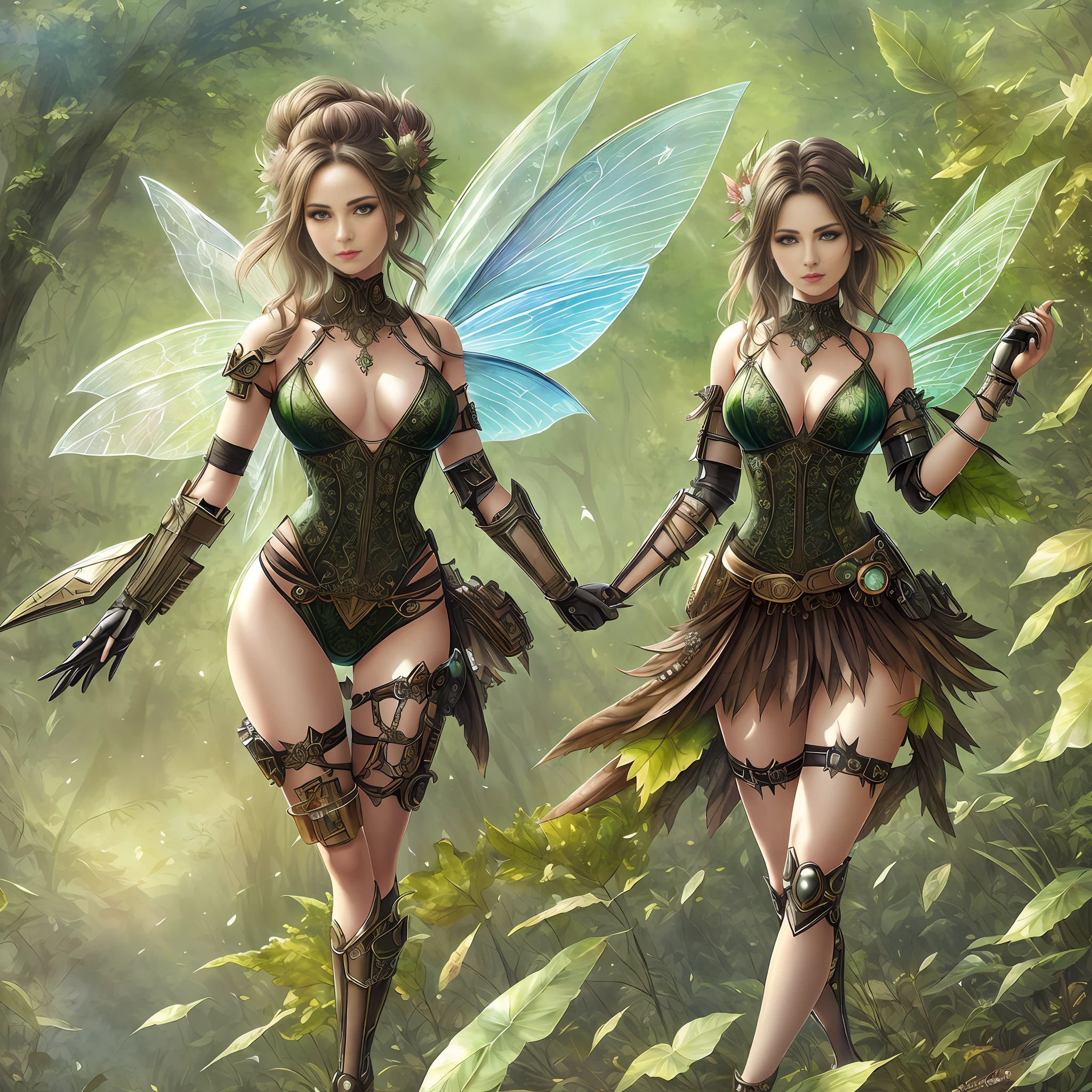 ((a fantasy fairy with a mechanical arm wearing alternate costume of torn green leaf)), translucent, shy and seductive wings, full body, natural pose, art by Luis Royo, freedom, digital illustration, (steampunk style), perfect anatomy, symmetrical face, well-formed eyes, beautiful face, goblin ears, well-defined hips, with a belt with several pockets, centered, approaching perfection, dynamic, highly detailed, watercolor painting, art station, concept art, soft and sharp focus, illustration, unique, award-winning, masterpiece, ((transparent clothing))