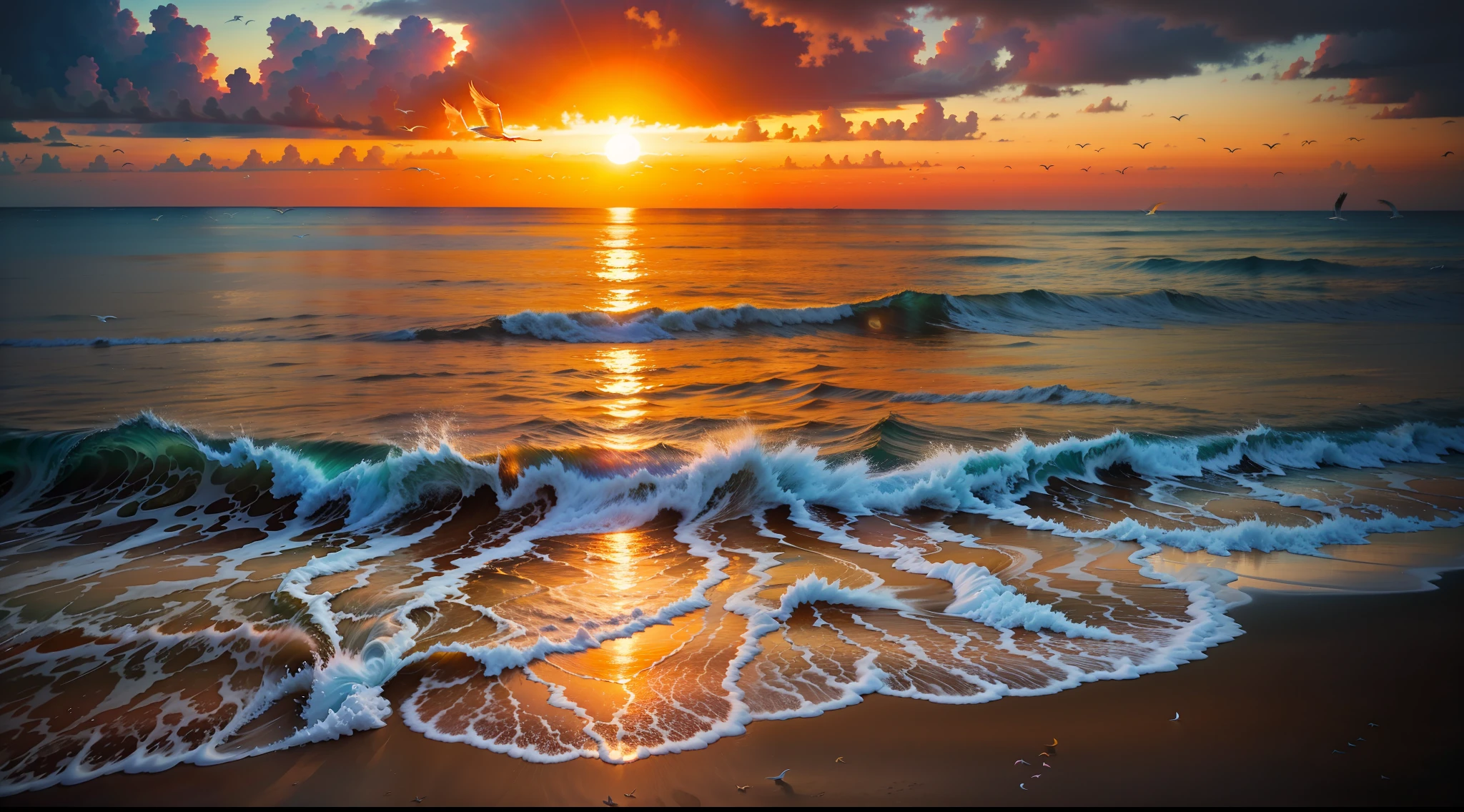 An absolutely mesmerizing sunset over the beach, with a blend of oranges, pinks, and yellows filling the sky. Crystal-clear waters of the sea gently kissing the shore, with sandy white beach stretching far and wide. The scene is dynamic and breathtaking, with seagulls soaring high in the sky and gently swaying palm trees. Take in the calming atmosphere and let the peacefulness wash over you.