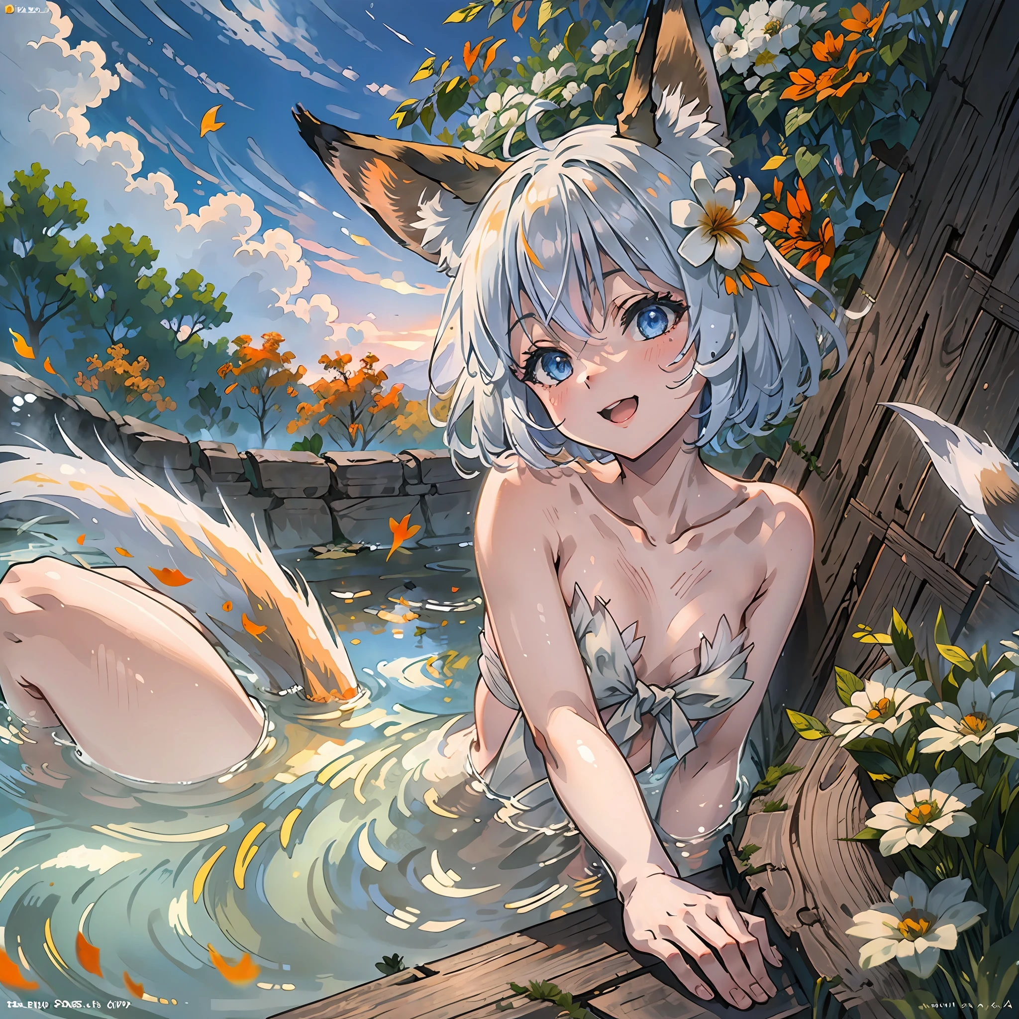 masterpiece, best quality, detailed background, movie lighting, sen, animal ears, fox ears, fox girl, fox tail, hair flower, hair ornaments, orange eyes, orange hair, short hair, tail, 1 girl, solo, garden, outdoor, sunlight, clouds, sky, outdoors, cloudy sky, leaf, sunlight upper body, nude, happy , naked breast, young girl, bath, flat chest, dew point