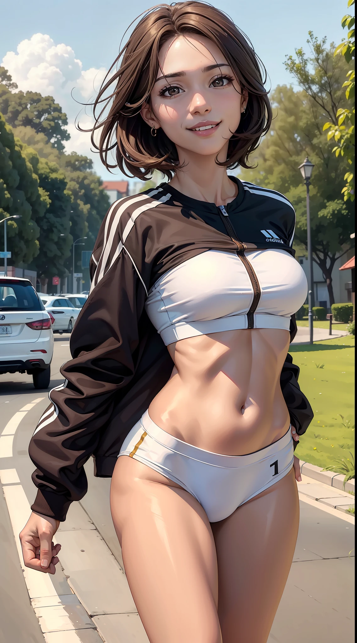 ((realistic: 1.5)),((best quality)), ((masterpiece)),((detailed)), Photo raw, 8k, hdr, a Brazilian woman, brown eyes, brown hair, slim fit body, small breasts, runner clothes, white skin, beautiful smile