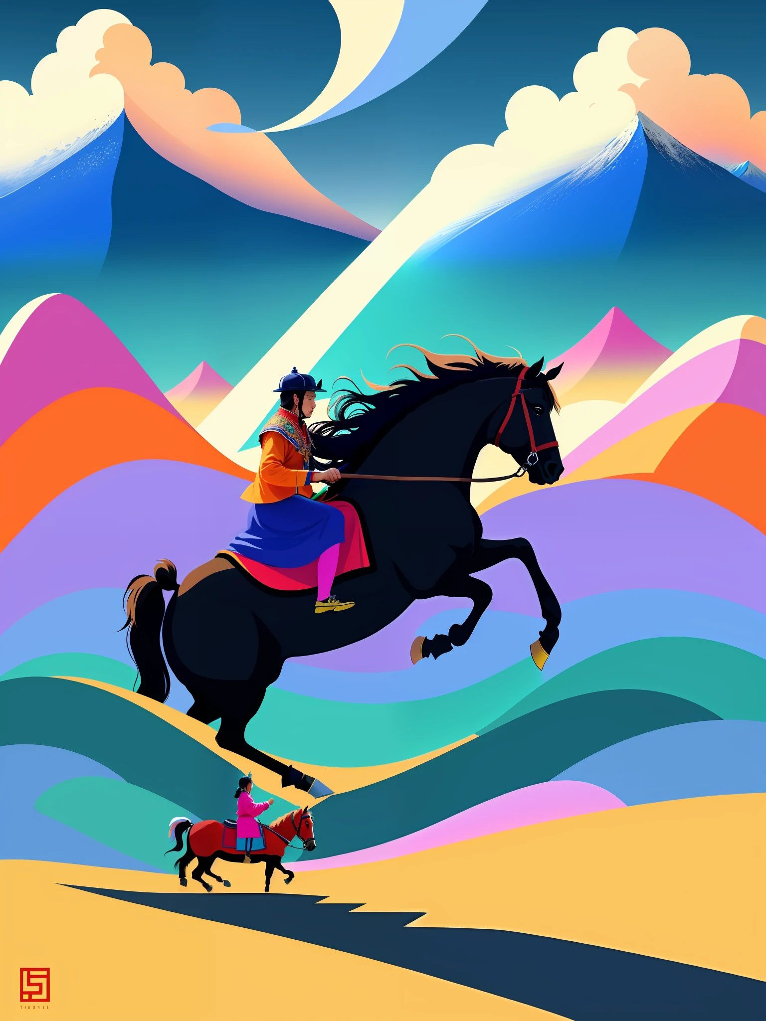 Tibetan landscape, people riding horses in traditional Tibetan costumes, playing football, light abstract cover art, abstract, simple vector art, color gradient, pastel color palette, layered forms, whimsical animation, style ethereal abstract, 4K, --v6