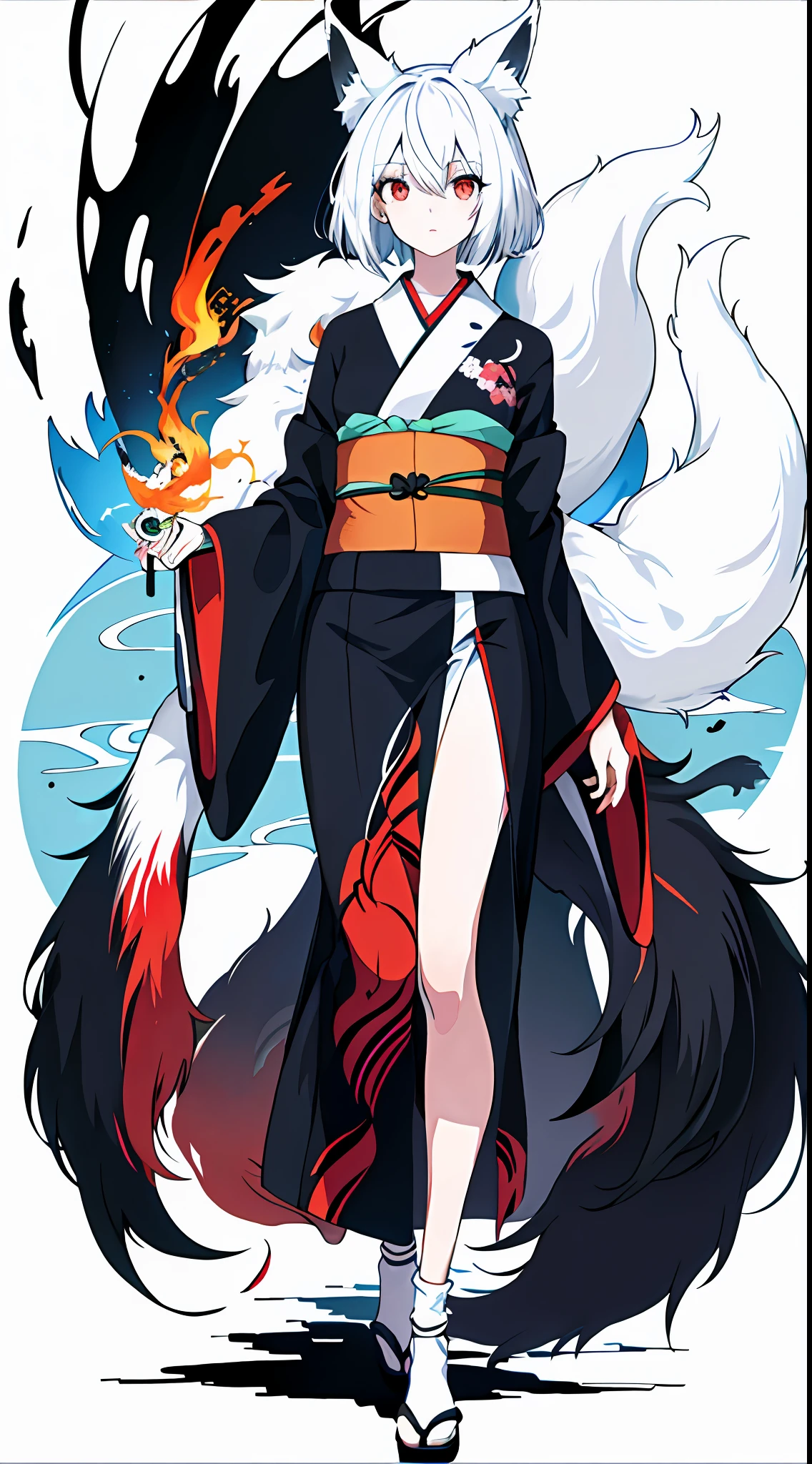 1girl, this painting depicts a female character dressed as a cat lady, anime girl in black and white costume with fox tail, white-haired fox, beautiful anime fox girl, very beautiful anime fox girl, a beautiful fox woman, multiple tails, fluffy tail, the proportions are correct, the character is dressed in a highly detailed kimono, this painting is an album cover artwork that exposes the whole leg, very fine. She has smooth black hair that shows a strong national character. The whole picture presents a typical Japanese anime manga style, she may have red pupils, giving a mysterious feeling. Add a touch of exoticism.