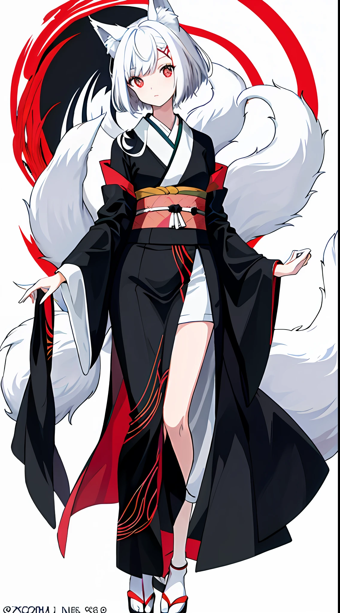 1girl, this painting depicts a female character dressed as a cat lady, anime girl in black and white costume with fox tail, white-haired fox, beautiful anime fox girl, very beautiful anime fox girl, a beautiful fox woman, multiple tails, fluffy tail, the proportions are correct, the character is dressed in a highly detailed kimono, this painting is an album cover artwork that exposes the whole leg, very fine. She has smooth black hair that shows a strong national character. The whole picture presents a typical Japanese anime manga style, she may have red pupils, giving a mysterious feeling. Add a touch of exoticism.