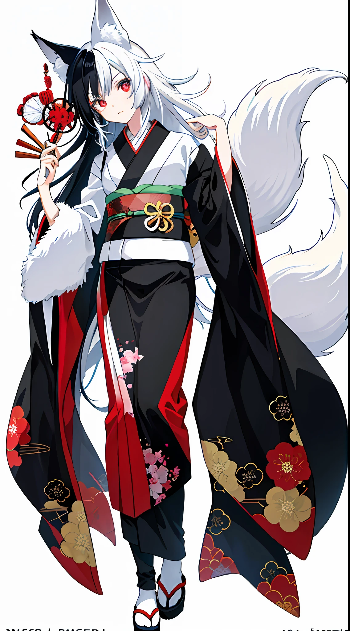 1girl, this painting depicts a female character dressed as a cat lady, anime girl in black and white costume with fox tail, white-haired fox, beautiful anime fox girl, very beautiful anime fox girl, a beautiful fox woman, multiple tails, fluffy tail, the proportions are correct, the character is dressed in a highly detailed kimono, this painting is an album cover artwork that exposes the whole leg, very fine. She has smooth black hair that shows a strong national character. The whole picture presents a typical Japanese anime manga style, she may have red pupils, giving a mysterious feeling. Add a touch of exoticism.