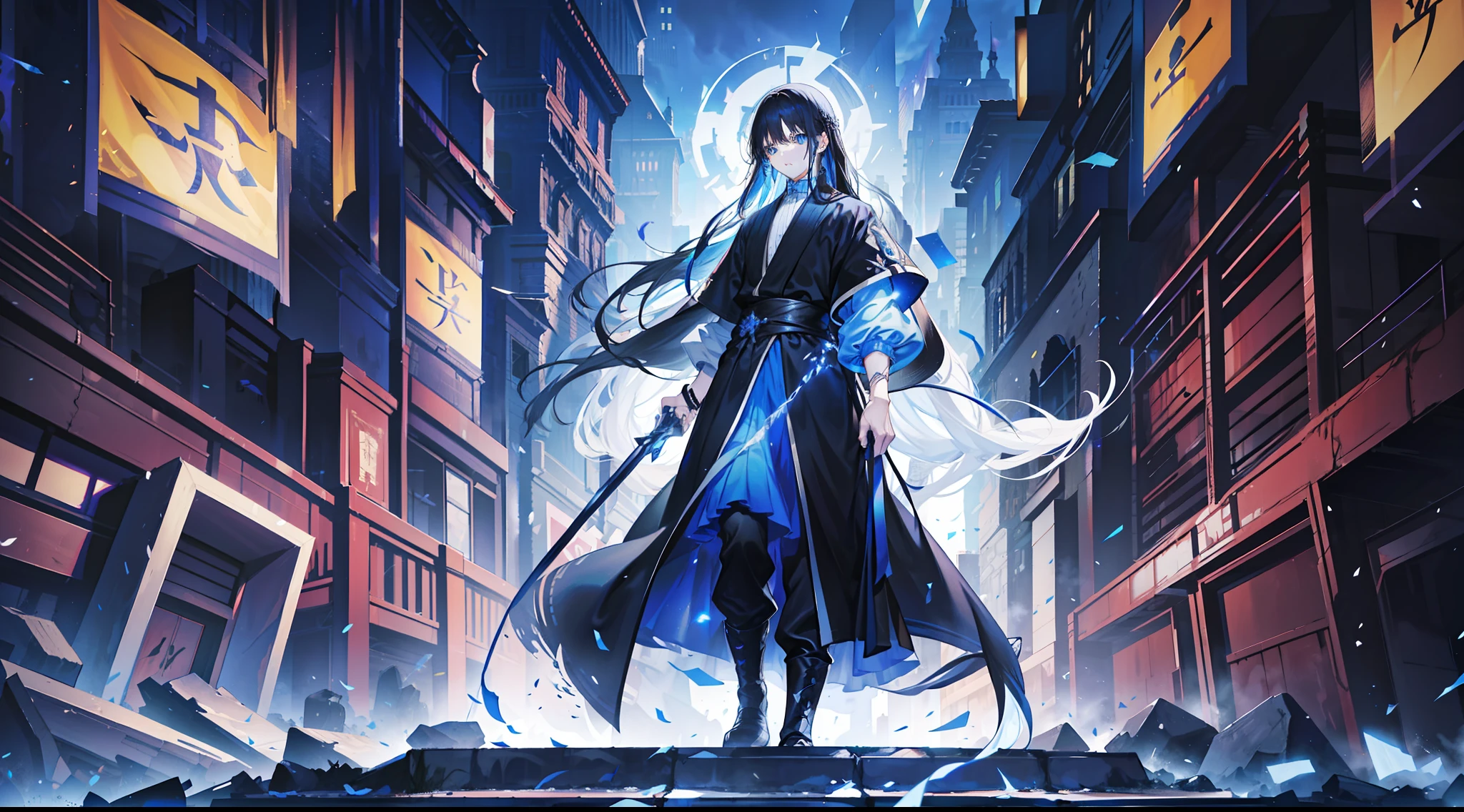A man, unusually handsome, fair skin, flowing long black hair, blue eyes, black robes, ancient style, surrounded by streamers, square, walking down the steps, in a Western-style town, 8k, thunder, flames, colorful lights