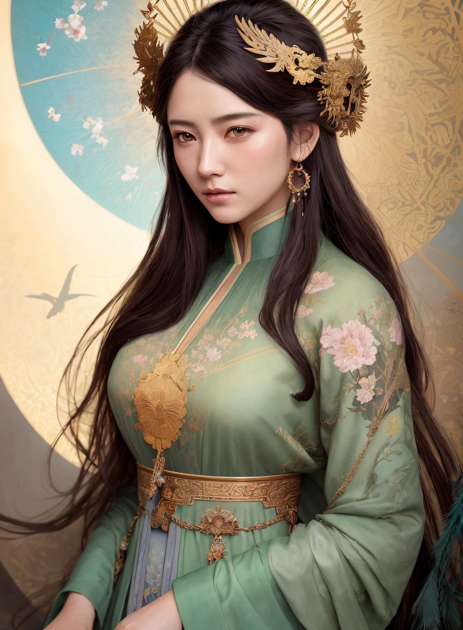 High quality, masterpiece, masterpiece, exquisite facial features, exquisite hair, exquisite eyes, exquisite color hair, 4K picture quality, gorgeous light and shadow, Tyndall effect, halo, messy hair, young state, gorgeous scene, exquisite clothes, chains, feathers, ancient chinese beauty with big eyes very detailed, digital painting, artstation, concept art, sharp focus, illustration, art by greg rutkowski and alphonse mucha and victo ngai