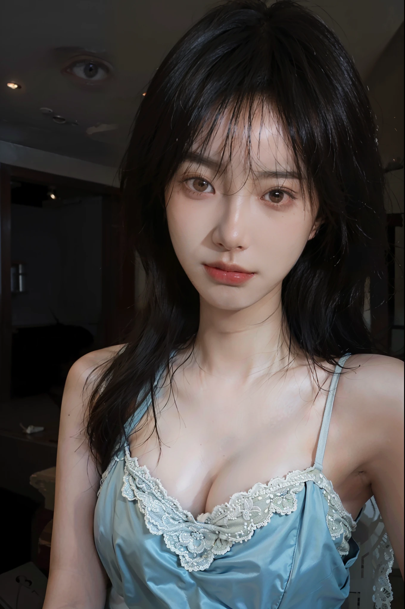 8K, Best Quality, Masterpiece, Ultra High Resolution, (Realism: 1.4), Original Photo, (True Skin Texture: 1.3), (Film Grain: 1.3), (Selfie Angle), 1 Girl, Huge Tits, Lace Bra, Beautiful Eyes and Face Details, Masterpiece, Best Quality, Close-up, Upper Body, Full Body
