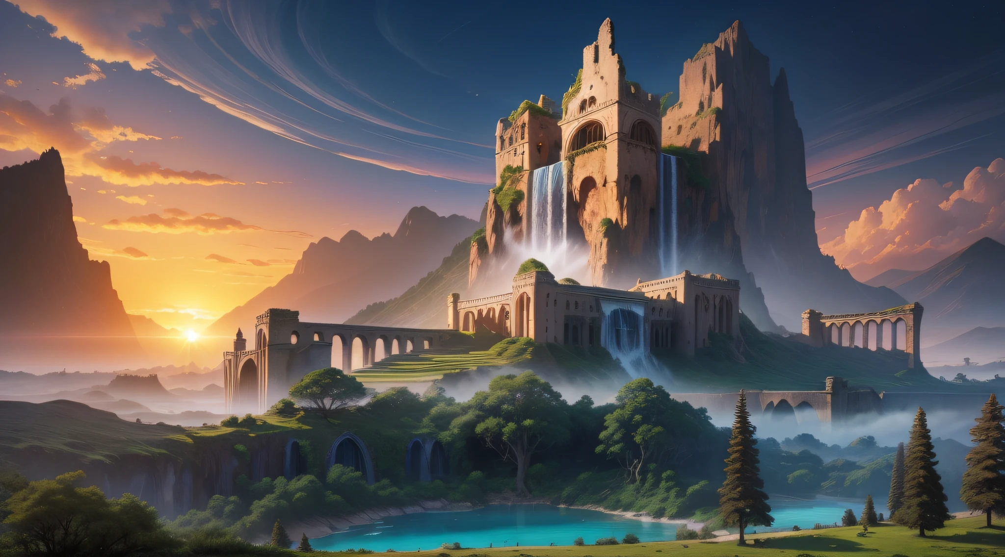 In Atlantis, magnificent and dilapidated ancient buildings, brilliant sunset in the sky, the sun shining laser-like light, high mountains, waterfalls, flowing water, towering ancient trees, at the foot of the mountain is a meadow, all kinds of animals leisurely grazing