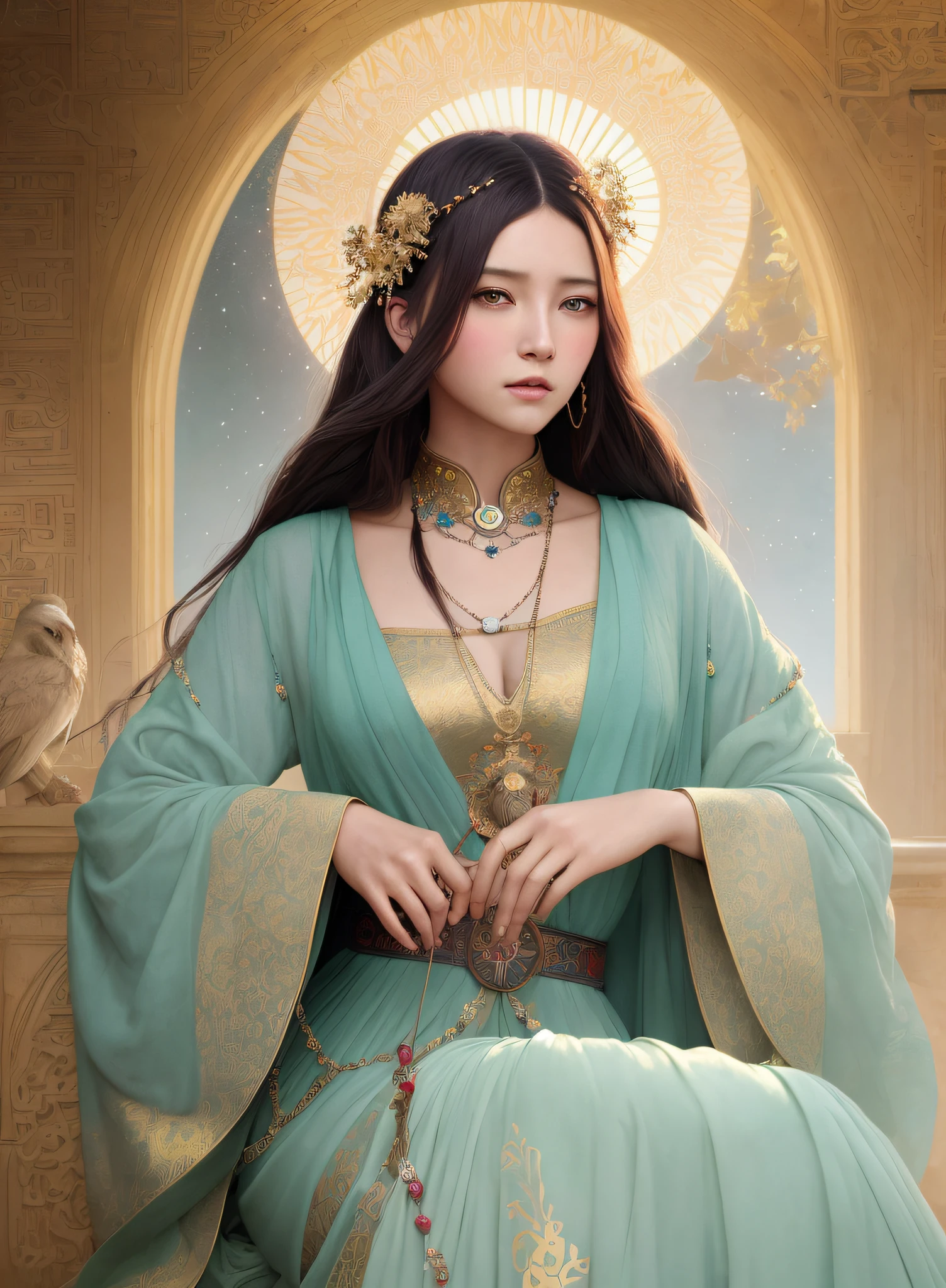 High quality, masterpiece, masterpiece, exquisite facial features, exquisite hair, exquisite eyes, exquisite color hair, 4K picture quality, gorgeous light and shadow, Tyndall effect, halo, messy hair, young state, gorgeous scene, exquisite clothes, chains, feathers, ancient chinese beauty with big eyes very detailed, digital painting, artstation, concept art, sharp focus, illustration, art by greg rutkowski and alphonse mucha and victo ngai