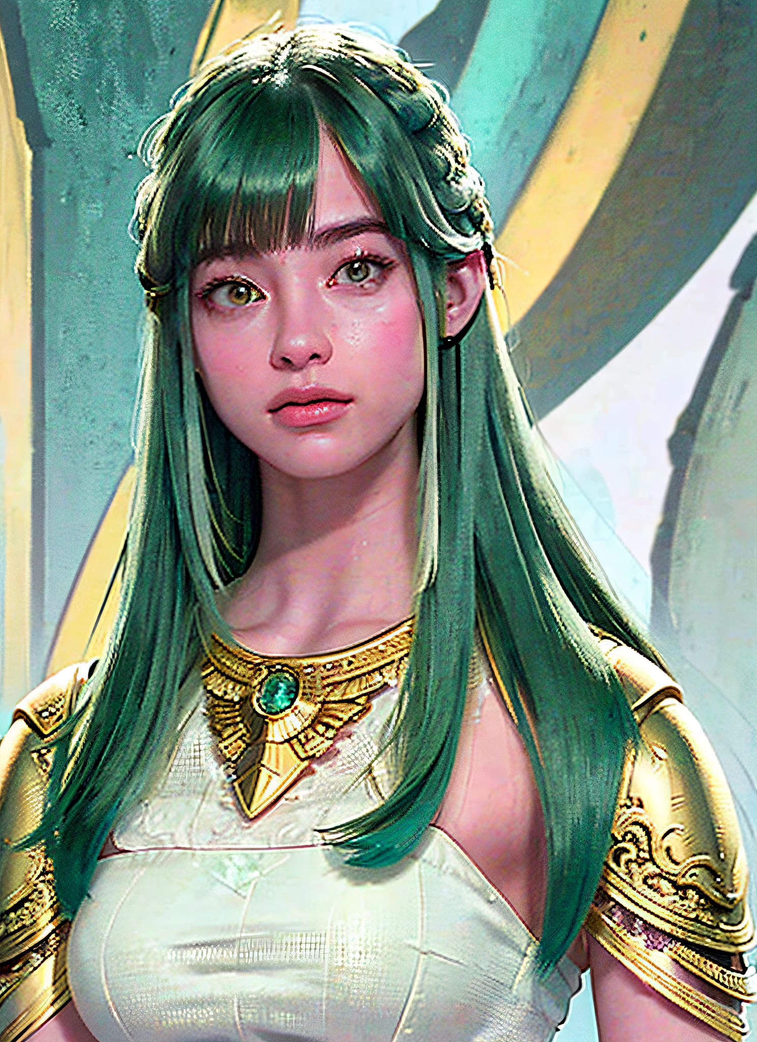 (Realistic, Portrait: 1.3), Complex Details, Big, Sexy Swimsuit, (Ultrareal), (Illustration), (High Resolution), (8K), (Very Detailed), (Best Illustration), (Beautiful Detailed Eyes), (Best Quality), (Ultra Detailed), Intricate Detail Jewels (Detailed Women's Armor: 1.3), (Gorgeous Gold Armor: 1.3), 1 Girl, Solo, Long Hair, Wind, Gorgeous Face, Top Quality, Masterpiece, Maximum Detail, Diffused Lighting, (Green Hair: 1.3), Valhalla Valkyrie, Mechanical Arm, Beauty,