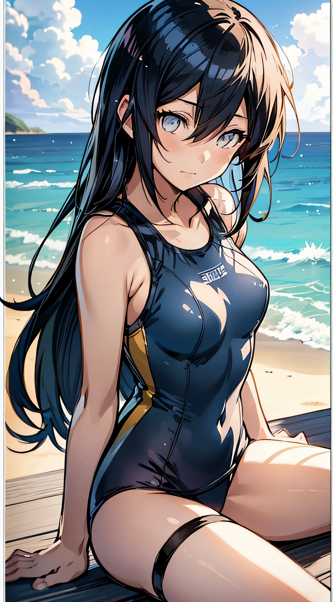 Anime girl in tiger print school swimsuit sitting on the beach, beautiful anime girl, Makoto Shinkai and artgerm, charming anime girl, (anime girl), Kantai collection style, (school swimsuit),small,Makoto Shinkai art style, beautiful anime woman, marine Kitagawa fan art, high quality anime art style, cute anime girl, 4K Manga Wallpapers
