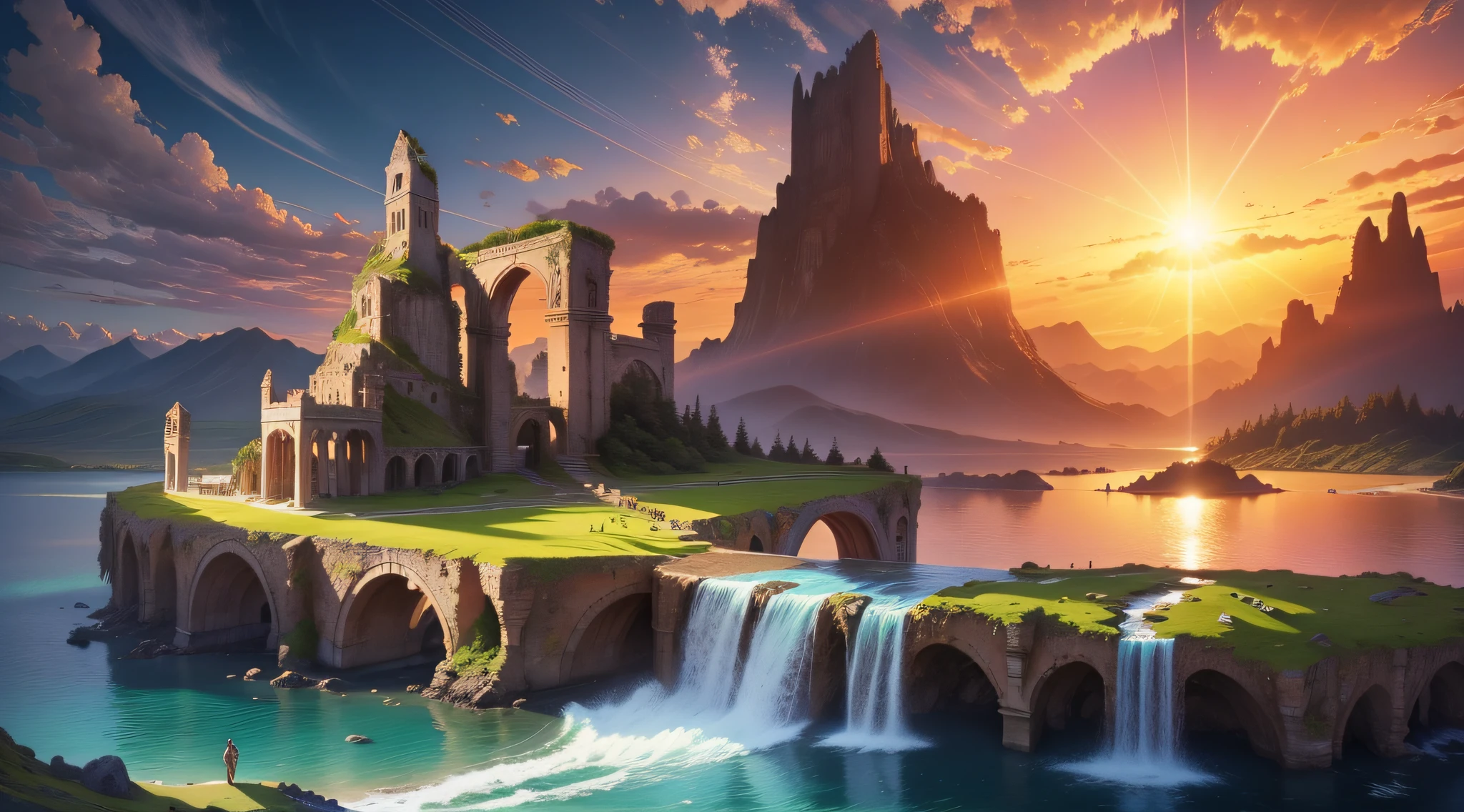 On an island in the sea, Atlantis, magnificent and ruined ancient buildings, brilliant sunset in the sky, the sun shining laser-like light, high mountains, waterfalls, flowing water, towering ancient trees, at the foot of the mountain is a meadow, all kinds of animals leisurely grazing