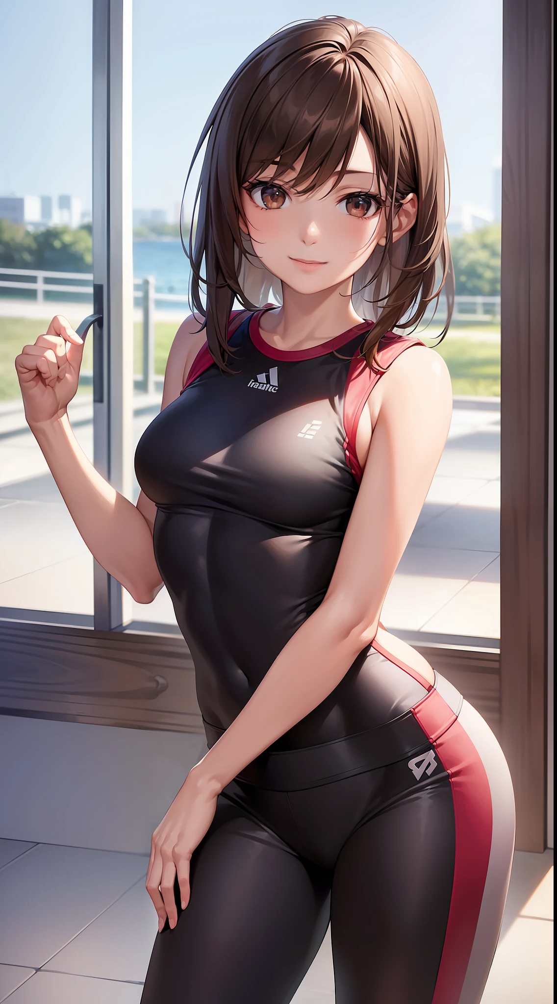 ((realistic: 1.5)),((best quality)), ((masterpiece)),((detailed)), Photo raw, 8k, hdr, a Brazilian woman, brown eyes, brown hair, slim fit body, small breasts, runner clothes, white skin, beautiful smile