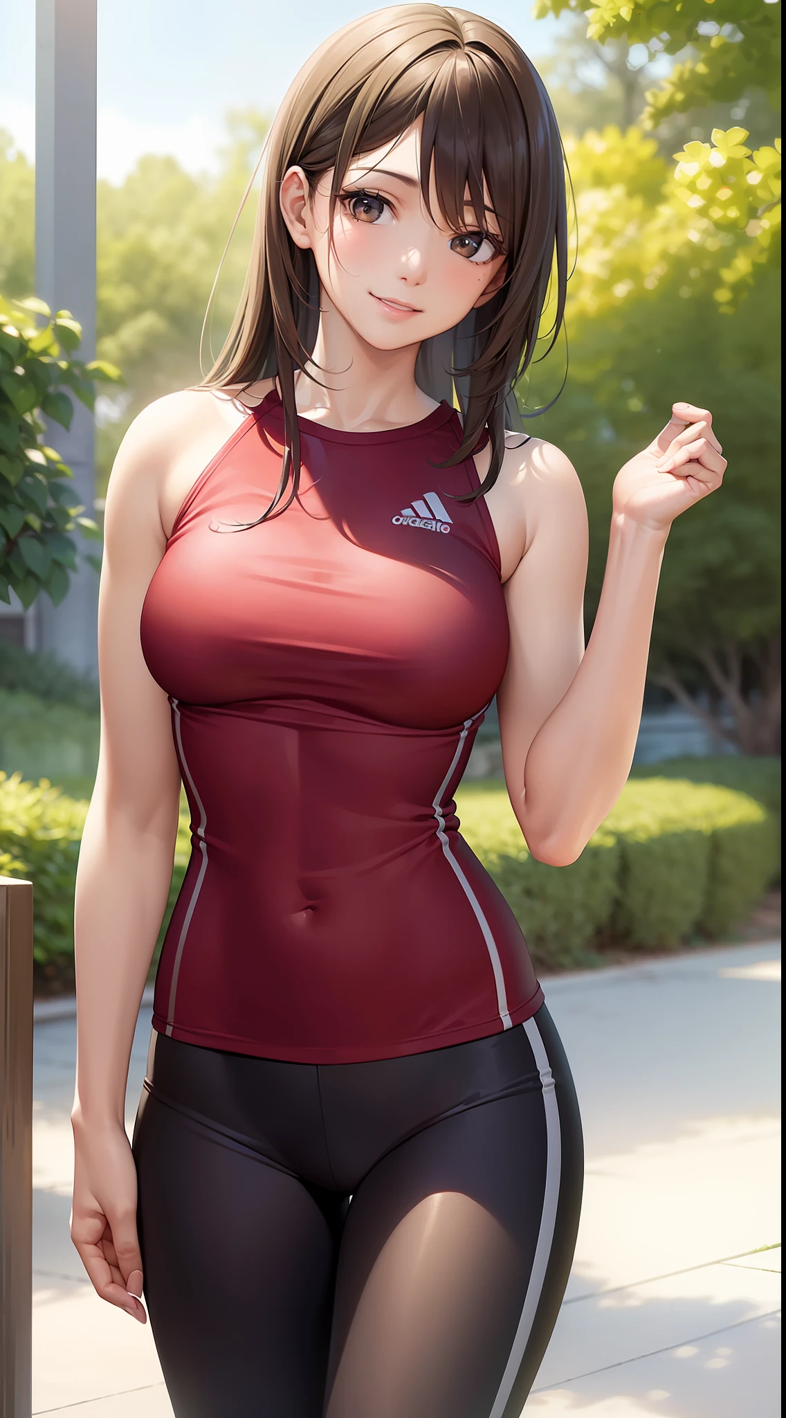 ((realistic: 1.5)),((best quality)), ((masterpiece)),((detailed)), Photo raw, 8k, hdr, a Brazilian woman, brown eyes, brown hair, slim fit body, small breasts, runner clothes, white skin, beautiful smile