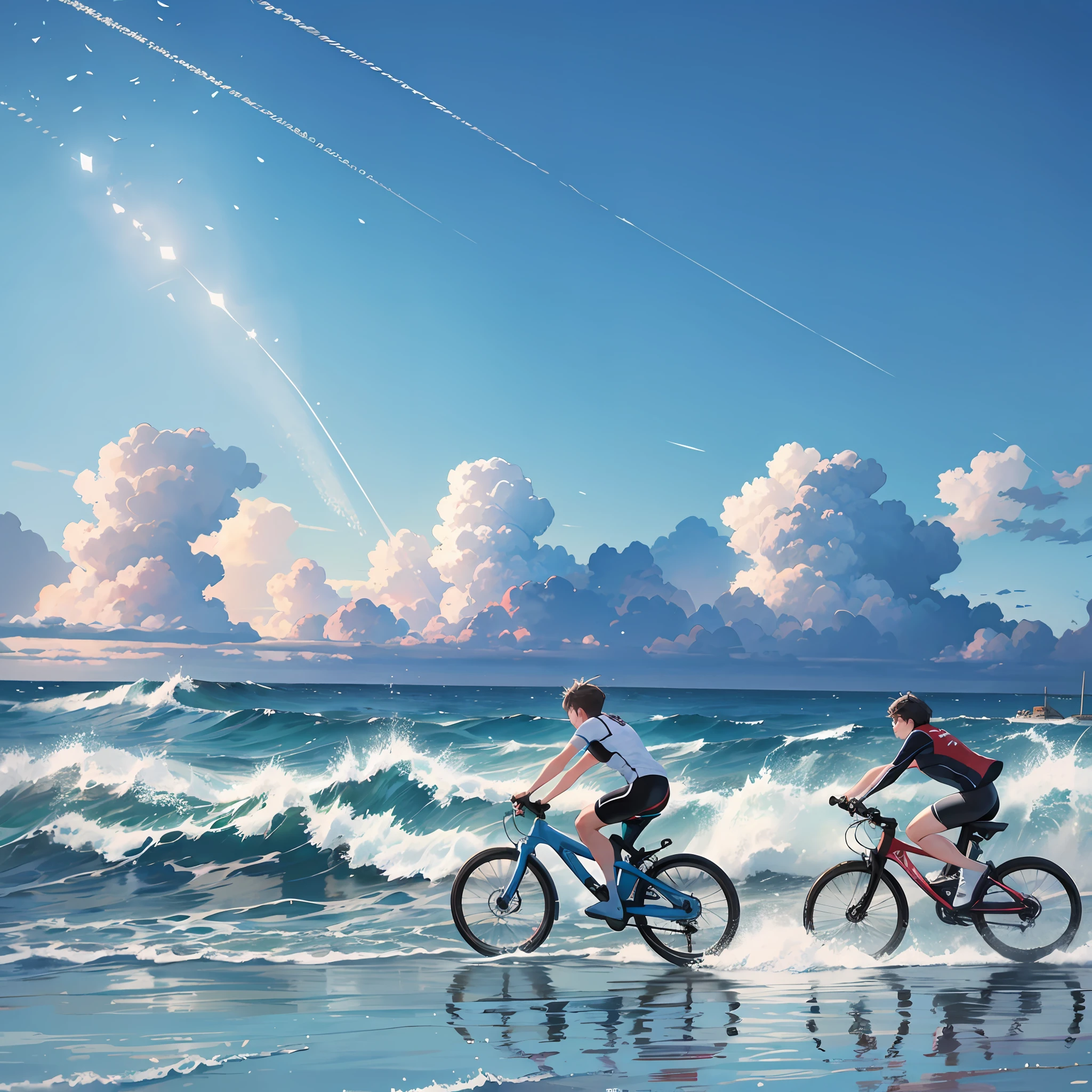 Sports, seaside, early morning, blue sky, white clouds, people, running, people cycling, big waves