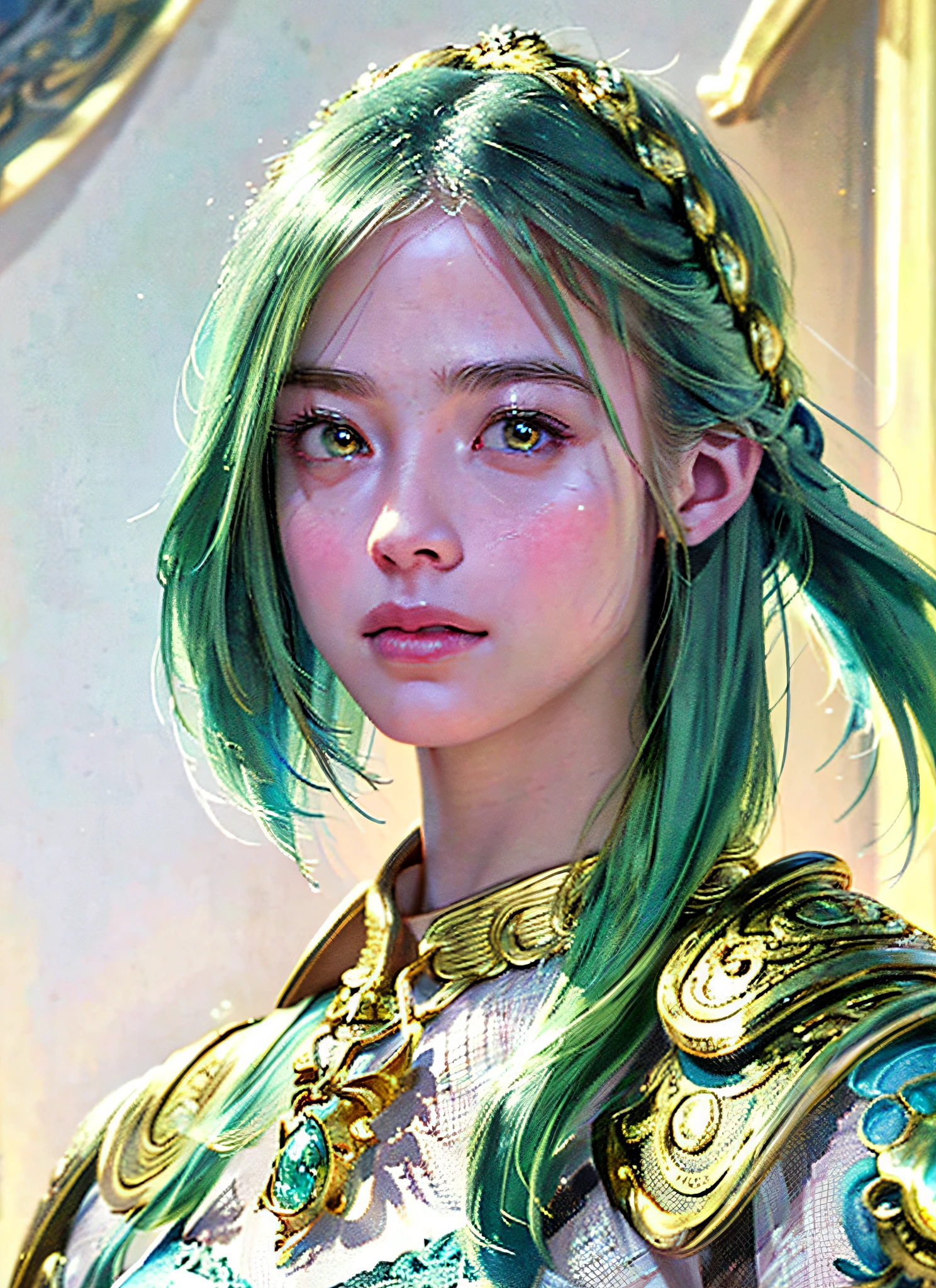 (Realistic, Portrait: 1.3), Complex Details, Big, Sexy Swimsuit, (Ultrareal), (Illustration), (High Resolution), (8K), (Very Detailed), (Best Illustration), (Beautiful Detailed Eyes), (Best Quality), (Ultra Detailed), Intricate Detail Jewels (Detailed Women's Armor: 1.3), (Gorgeous Gold Armor: 1.3), 1 Girl, Solo, Long Hair, Wind, Gorgeous Face, Top Quality, Masterpiece, Maximum Detail, Diffused Lighting, (Green Hair: 1.3), Valhalla Valkyrie, Mechanical Arm, Beauty,