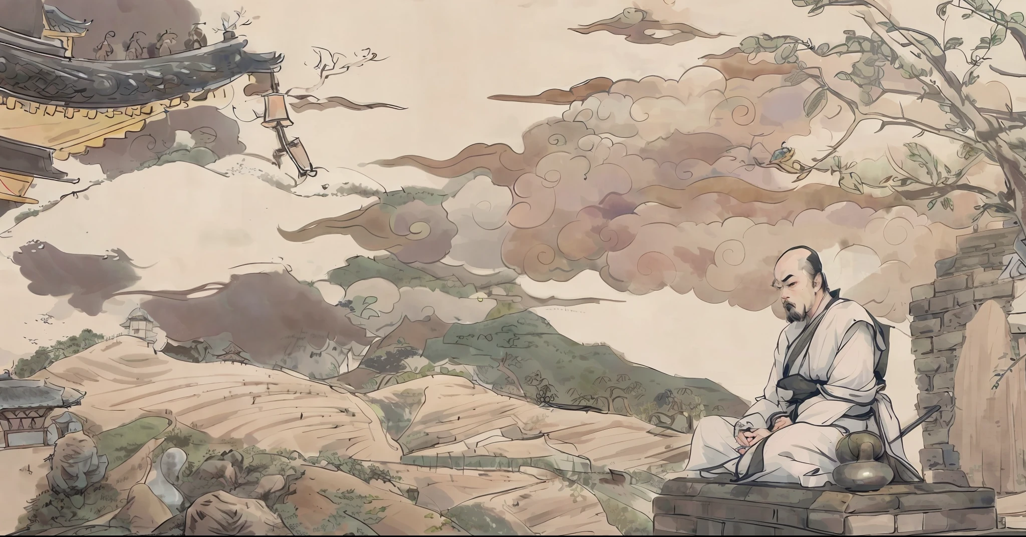 a drawing of a man sitting on a ledge in front of a pagoda, whole page illustration, full page illustration, inspired by Tawaraya Sōtatsu, inspired by Jin Nong, inspired by Makuzu Kōzan, inspired by Saneatsu Mushanokōji, inspired by Shūbun Tenshō, stylized linework