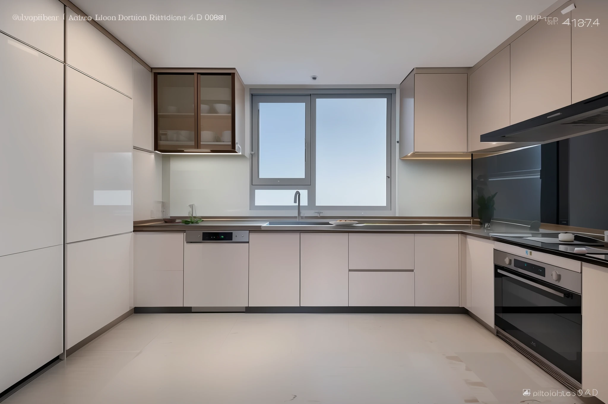 there is a kitchen with a sink, oven, and a window, kitchen, 4l, highly photographic render, high-quality render, postprocessed), interior photograph, with backdrop of natural light, shot with canon eoa 6 d mark ii, listing image, shot on sony a 7 iii, inside a modern apartment, minimal kitchen, bright window lit kitchen