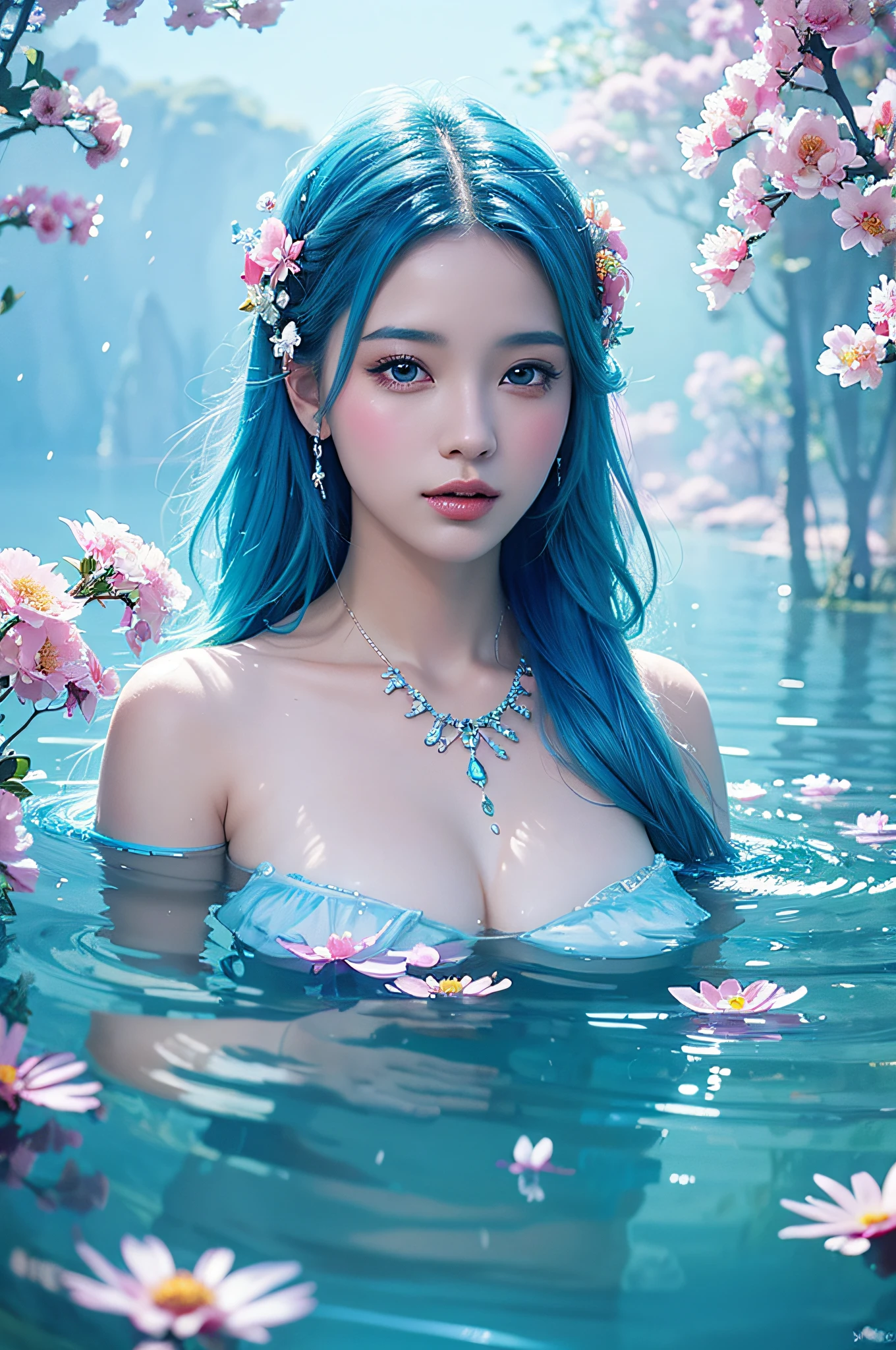 beauty with blue hair and flowers floating in water, beautiful beauty, beautiful digital illustration, beautiful artwork illustration, beautiful digital artwork, beautiful gorgeous digital art, beautiful digital art, asian female water element, gorgeous digital art, very beautiful digital art, close up fantasy with water magic, beautiful fantasy art, beautiful digital painting, beautiful digital illustration, gorgeous digital painting