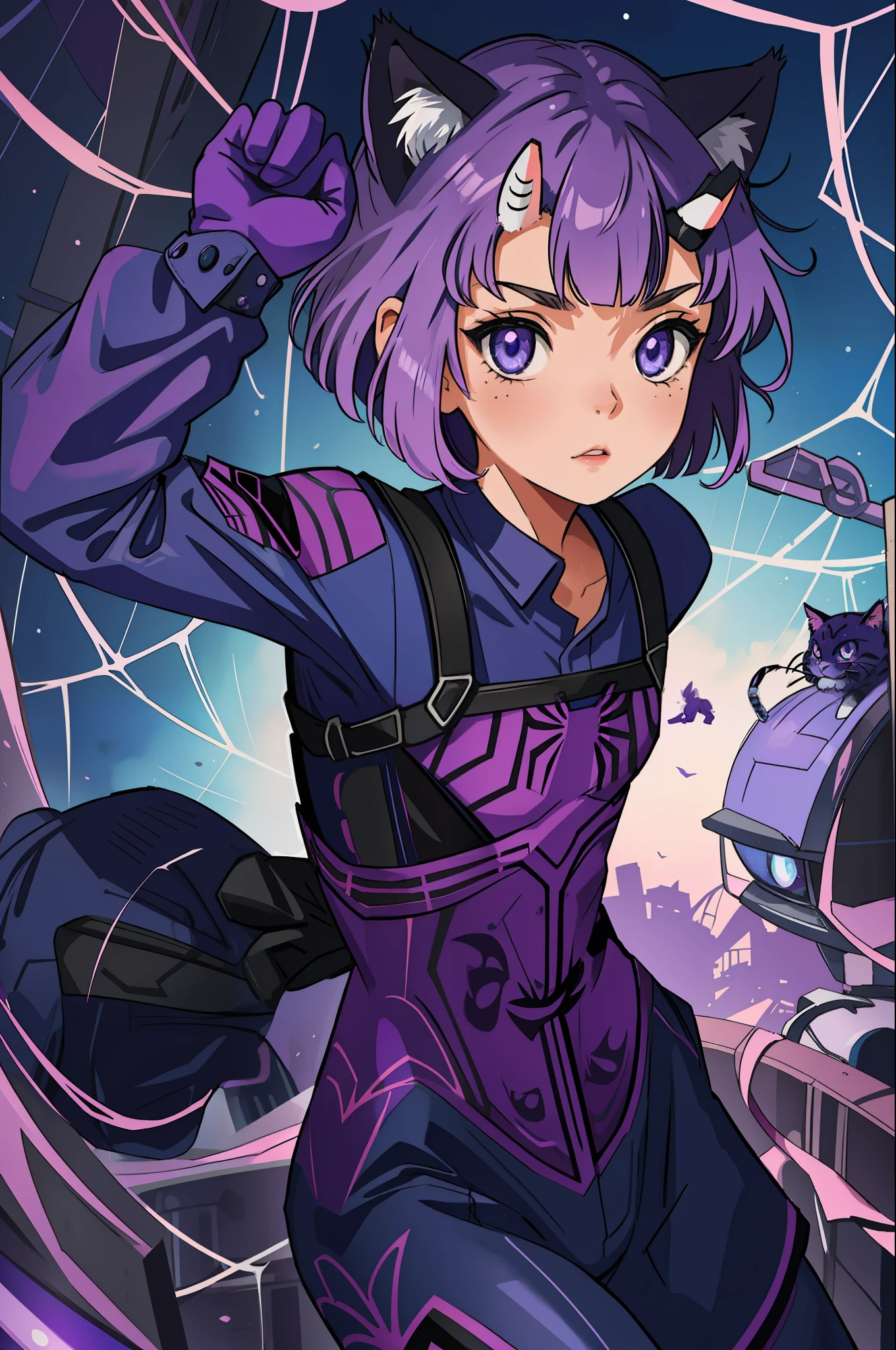 A Little Girl, Short Hair, Purple Hair, Small Purple Cat Ears, A Purple Cat Tail, Blue Eyes, Spider Suit, Spider Web Print, Spider Web, amine style