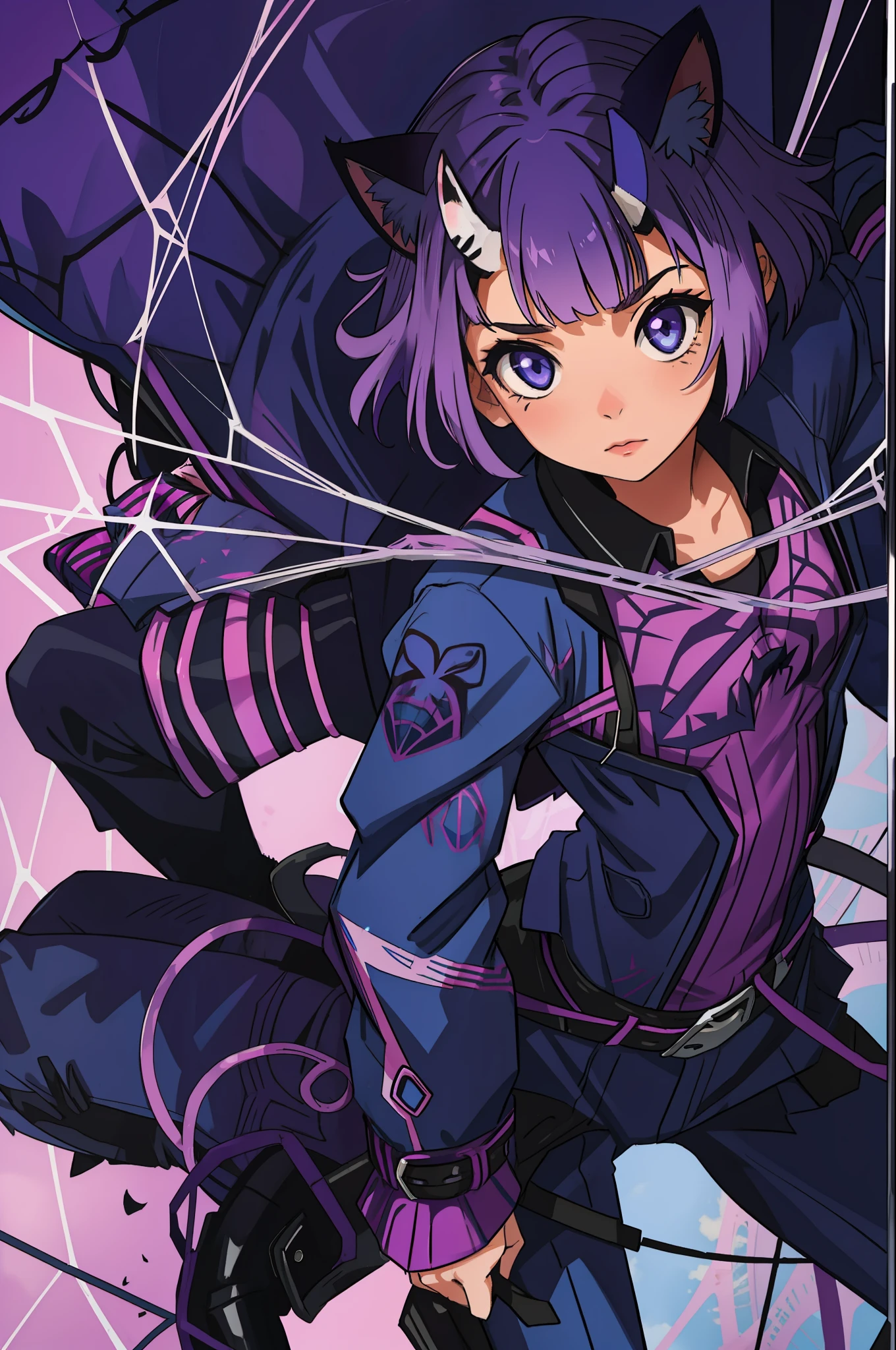 A Little Girl, Short Hair, Purple Hair, Small Purple Cat Ears, A Purple Cat Tail, Blue Eyes, Spider Suit, Spider Web Print, Spider Web, amine style