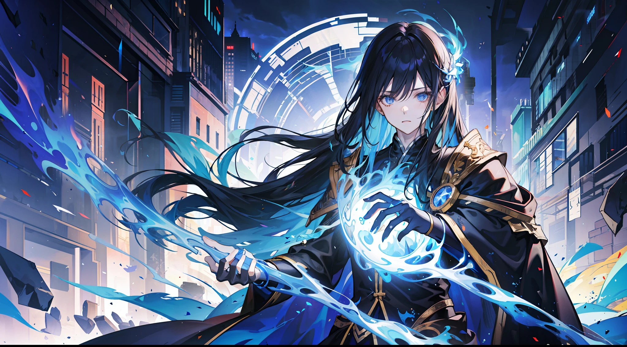 A man, handsome, fair skin, flowing long black hair, blue eyes, black robe, ancient style, streamer surrounding, 8k, thunder, flame, colorful light