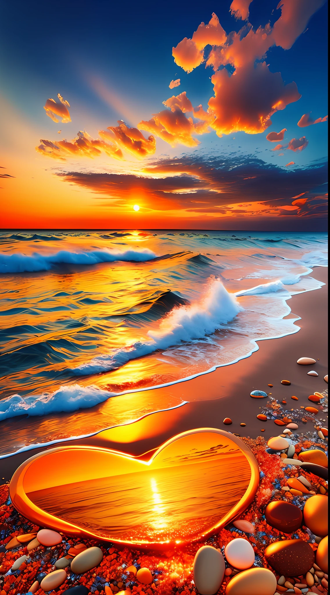 East Pole Island, Beach, Tide, Evening, Burning Clouds, Golden Waves, Sunset, Bright Orange Sunset Through the Waves, Golden Water Drops Flying, Romantic Love Heart Shape Beach, Colorful Pebbles, Ultra-realistic, Surreal, 16k HD,