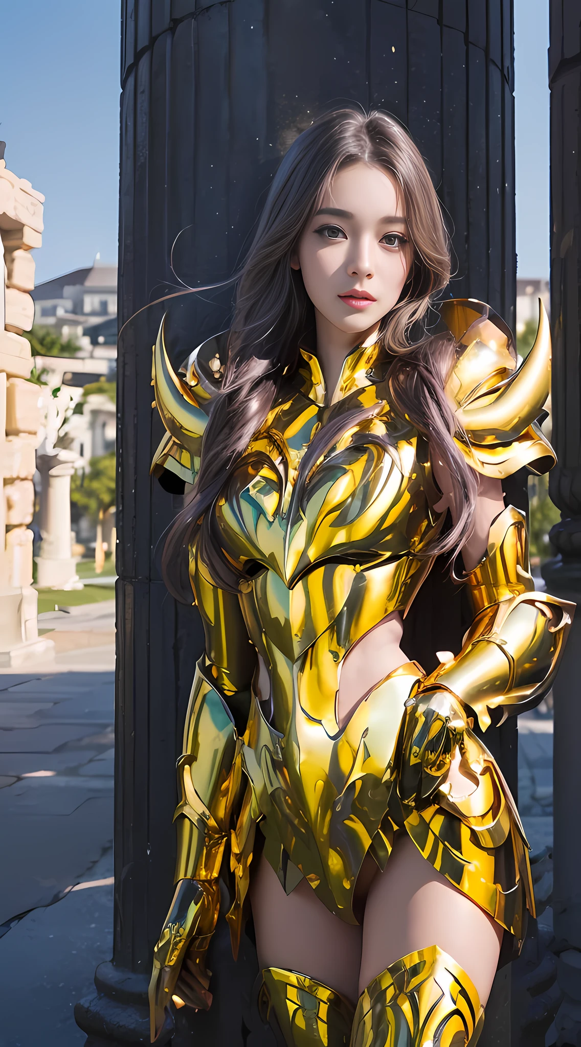 araffed woman in a gold costume posing in front of a column, portrait knights of zodiac girl, knights of zodiac girl, ornate cosplay, angelic golden armor, golden armor, saint seiya, wearing gold armor, glamourous cosplay, stunning armor, wearing golden armor, gold armor, beautiful armor, gilded shiny armour, anime cosplay, golden armour, gold armour suit