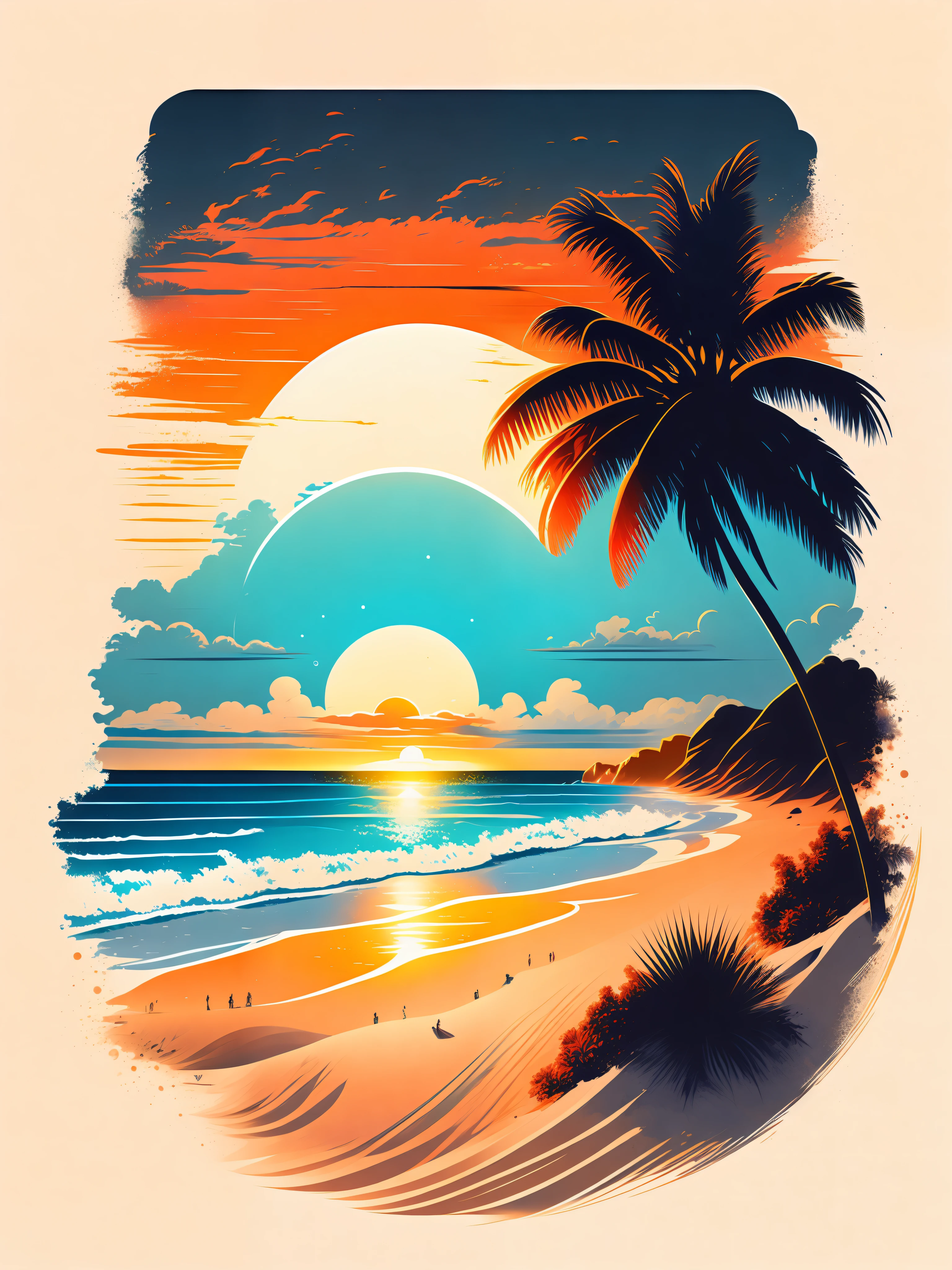 Sunset on the beach, white sand, epic composition, t-shirt design, rzminjourney, vector art