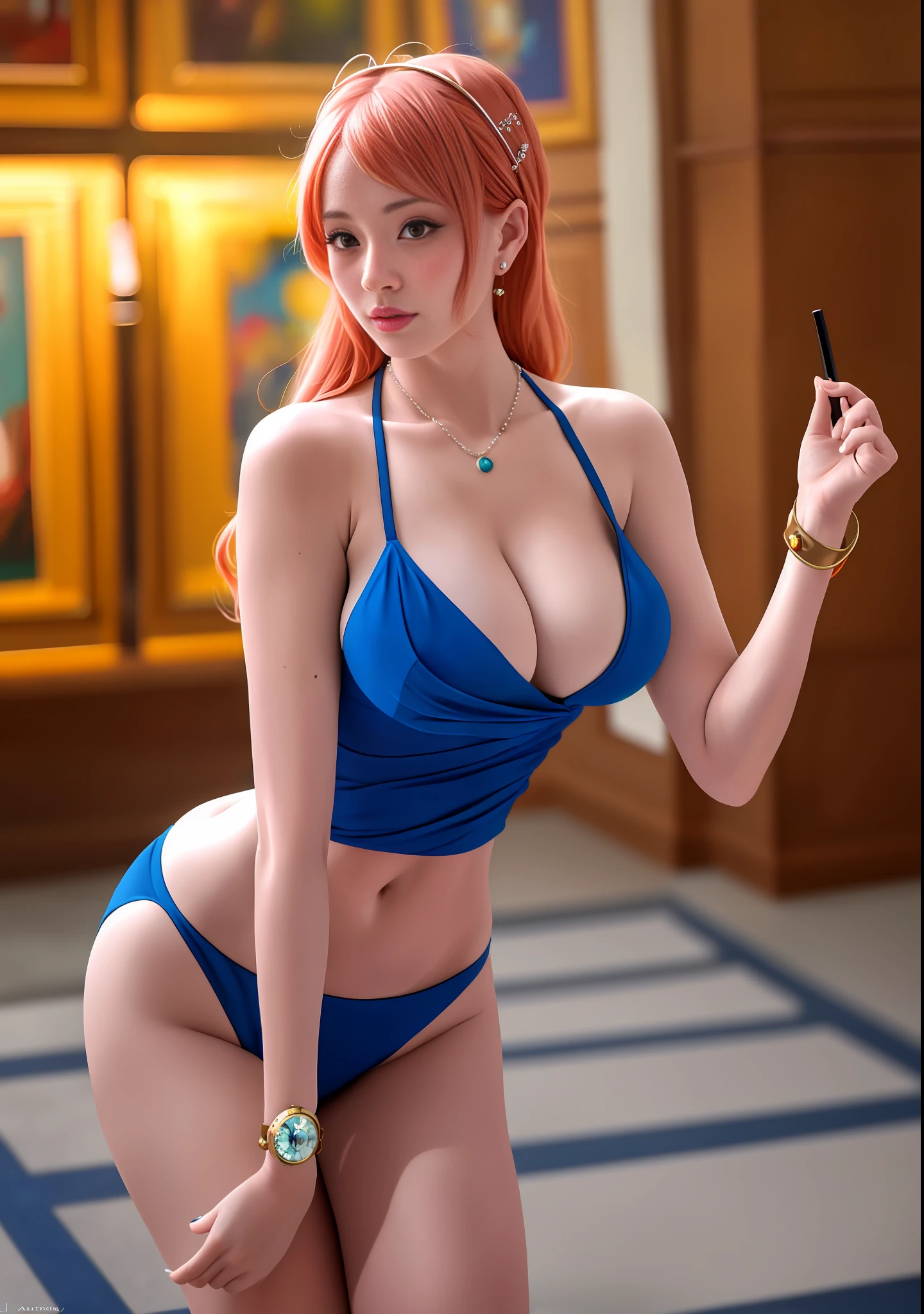 Top quality, 8k, 32k, Masterpiece, photo realistic, realistic, ada woman in blue posing for a photo, nami from one piece, nami one piece, cosplay anime girl, beautiful portrait of nami, cosplay anime, nami, cosplay ayaka, from one piece, cosplayer, cosplay glamourous, anime character full body art, cosplay, cosplay photo, cool, professional makeup, necklace, very big breasted woman, (seductive pose), Sexy, beautiful white face shining, beautiful face, pink cheeks, beautiful lips, porcelain skin, detail intricate, super detailed, super high, highest detailed, high detailed, delicate, incredible detailed, fine detailed, cinematic lighting, top quality, masterpiece, smooth and beautiful, CG , unity, 8k wallpaper, Stunning, fine detail, unity CG wallpaper 8k ultra detailed, large file size, ultra detailed, high resolution, incredible detail, stunning detail, depth of field, oil painting effect in Rembrandt art style, concept portrait art in Stanley Artgerm Lau style, WLOP, trending on Artstation, epic, trend in society, detailed digital painting, very high quality model.