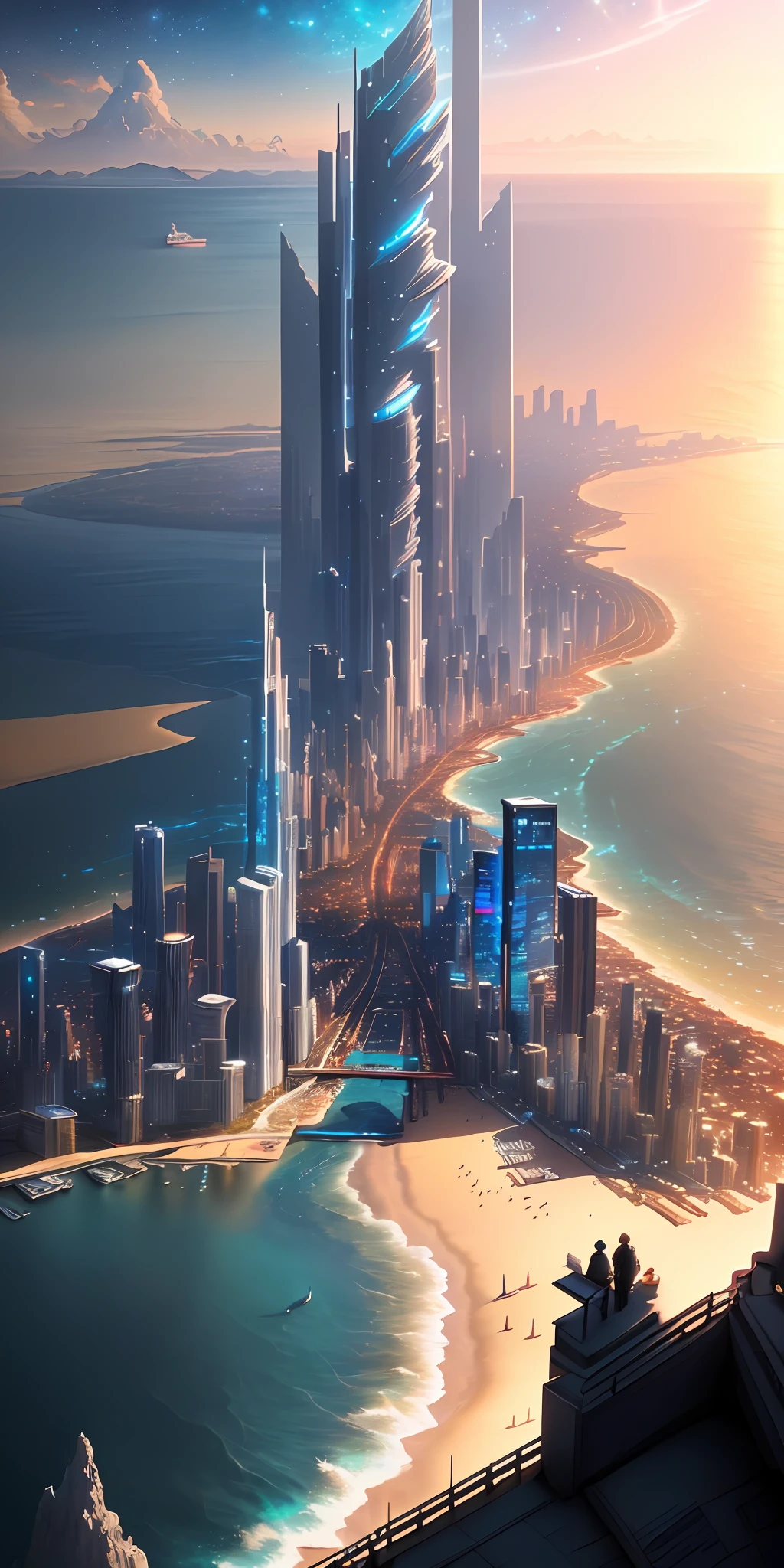 Masterpiece, best quality, (very detailed CG unified 8k wallpaper), (best quality), (best illustration), (best shadow), two-point perspective, city floating in the air, cyberpunk, sea, waves, brilliant starry sky, milky way, stars, sunset, sandy beach, mountains in the distance